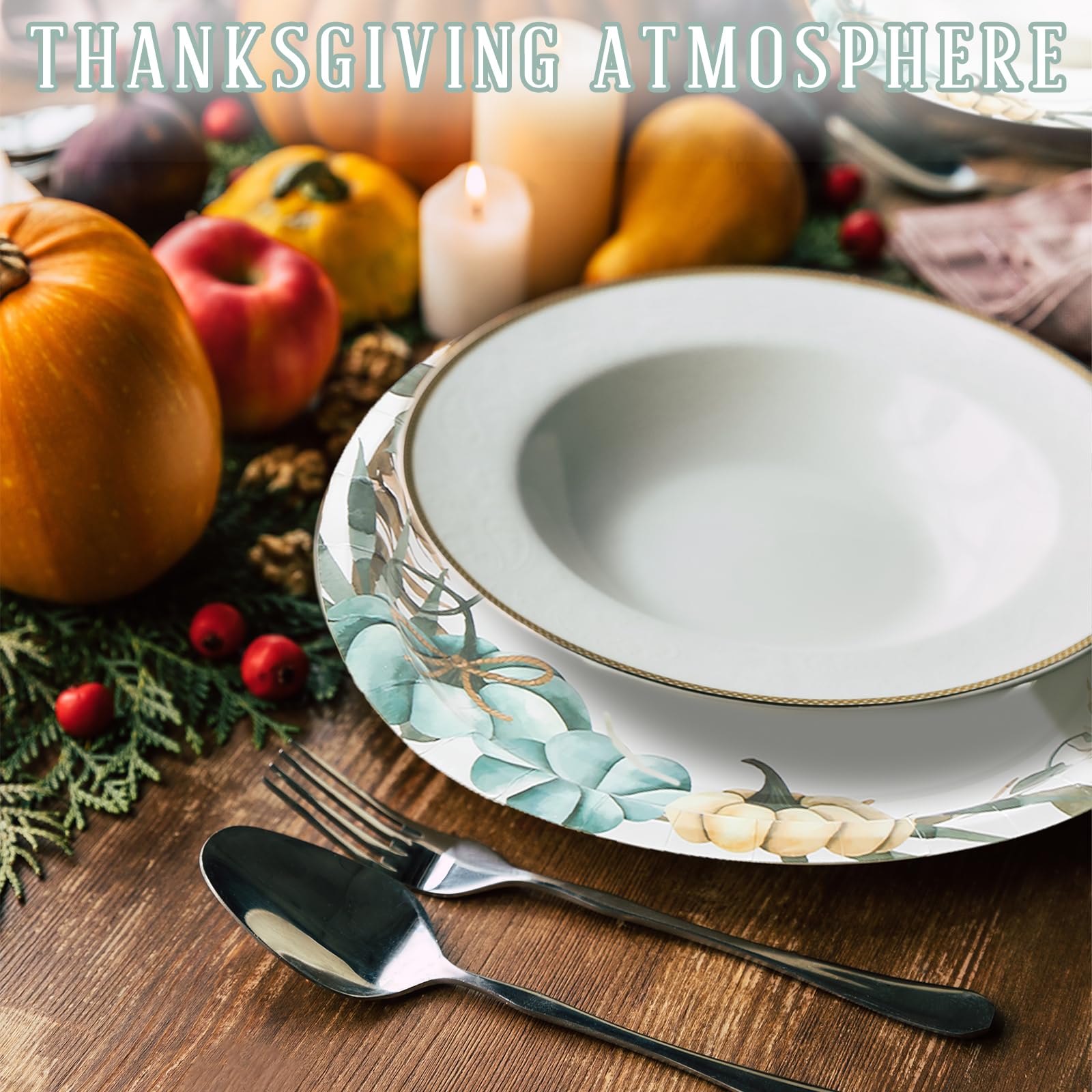 Suttmin 100 Pcs Thanksgiving Oval Paper Plates 10 x 12 Disposable Fall Blue Pumpkin Dinner Plates Dinnerware Tray Thanksgiving P