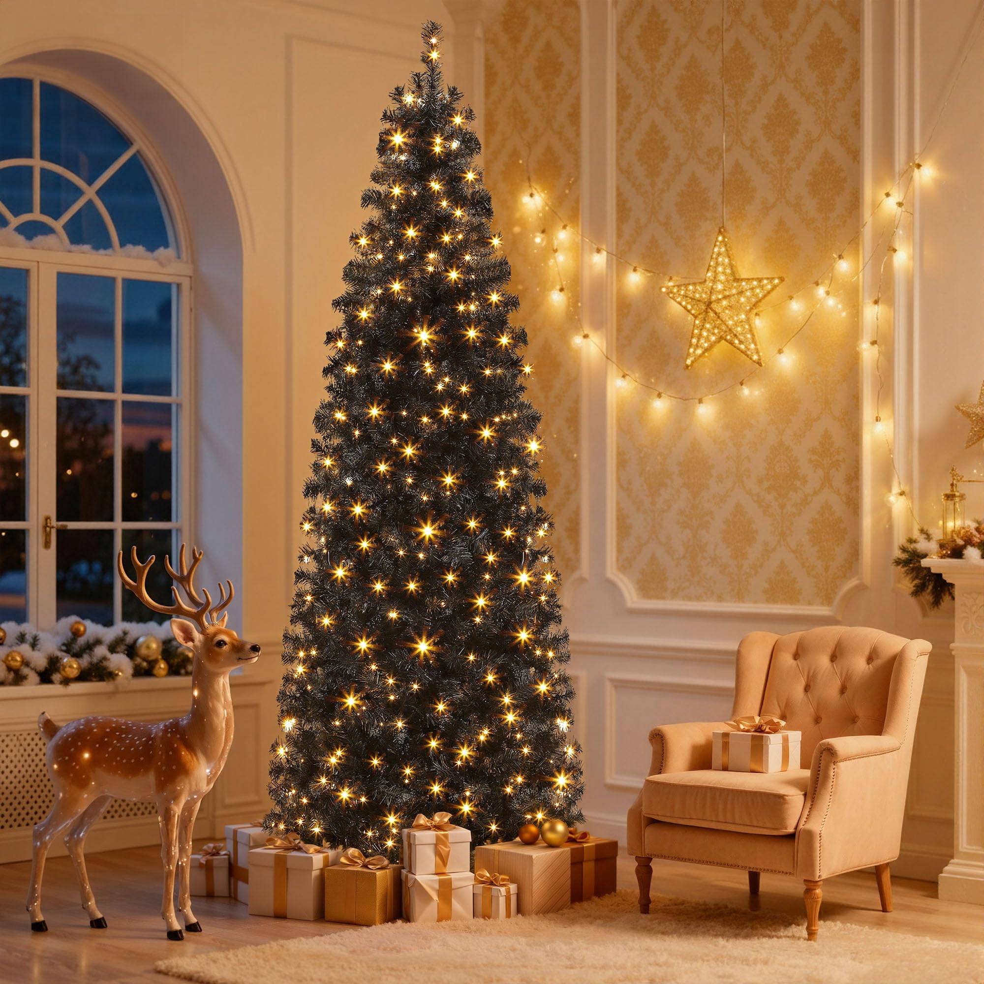 DWVO Pre-Lit Slim Artificial Pencil Tree 6ft, Black Hinged Design for Halloween and Christmas with 700 Branch Tips and 200 Light