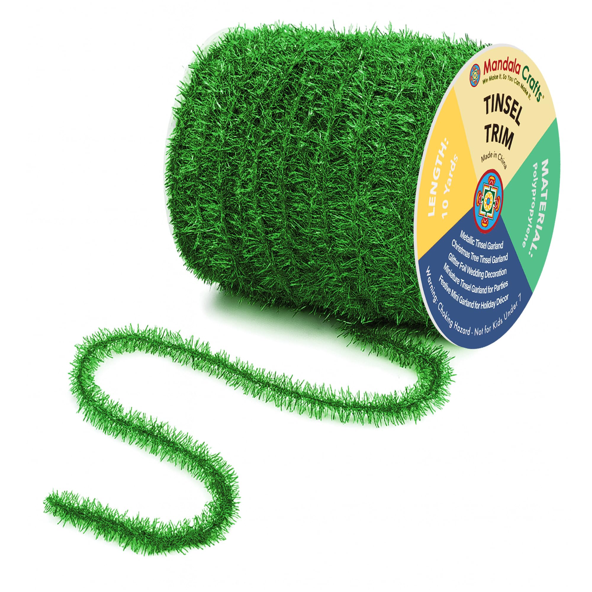 Mandala Crafts Green Tinsel Garland - 30 Feet Thin Metallic Foil Glitter Mini Garland for Christmas Tree, Party, Wedding Decor, 