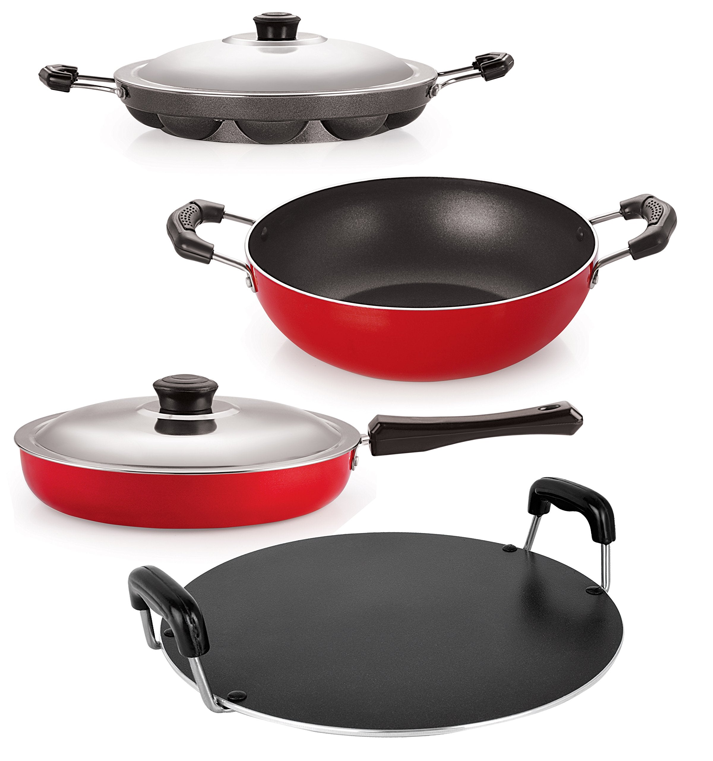 Nirlon NonStick Aluminium Cookware Set, 4Pieces, Red (26_Fp12_Kd14_Ap_Rt)