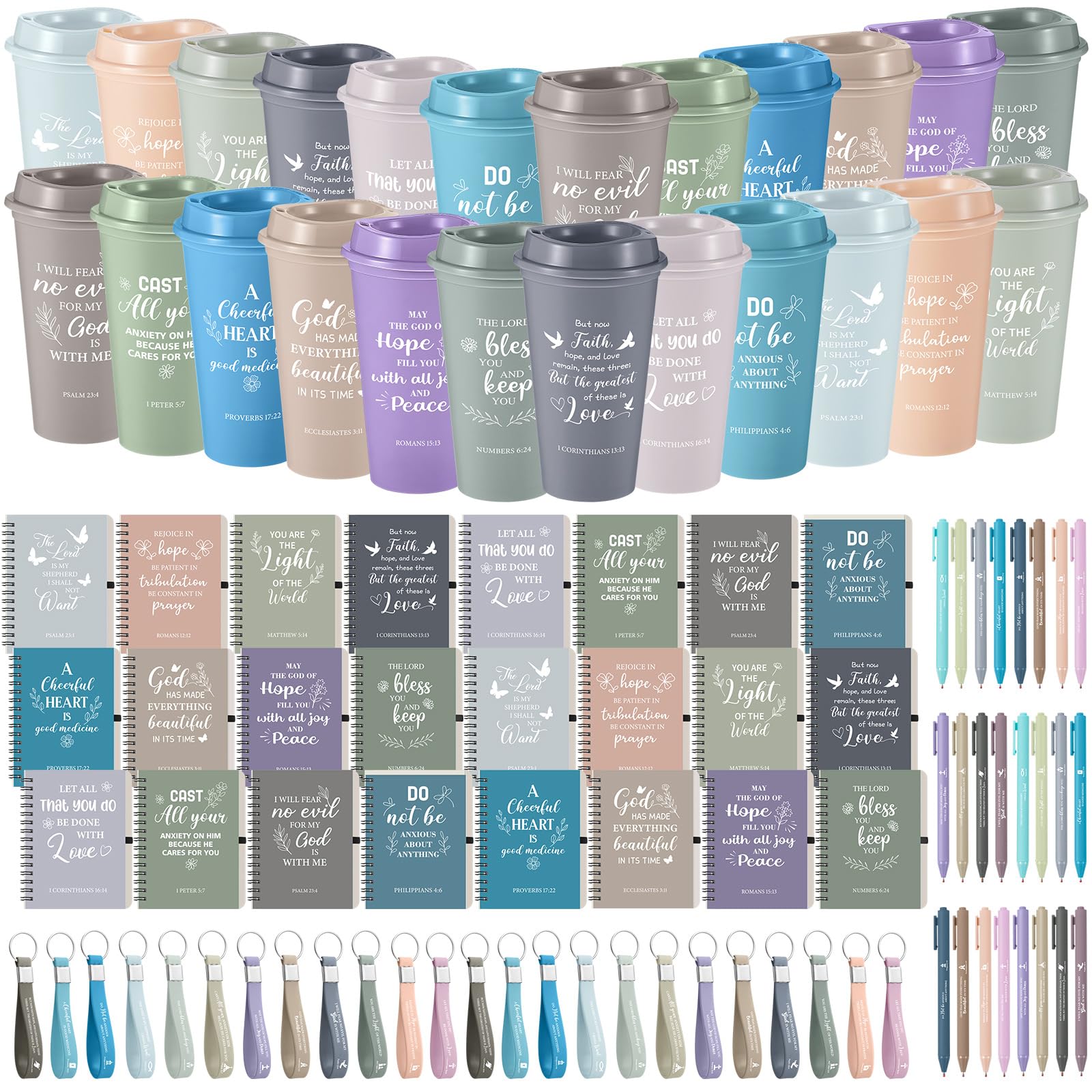 Skylety 24 Set/96 Pcs Christian Gifts Bulk Church Religious Gift Set 16 oz Bible Scripture Cups with Lids Mini Spiral Notebooks 