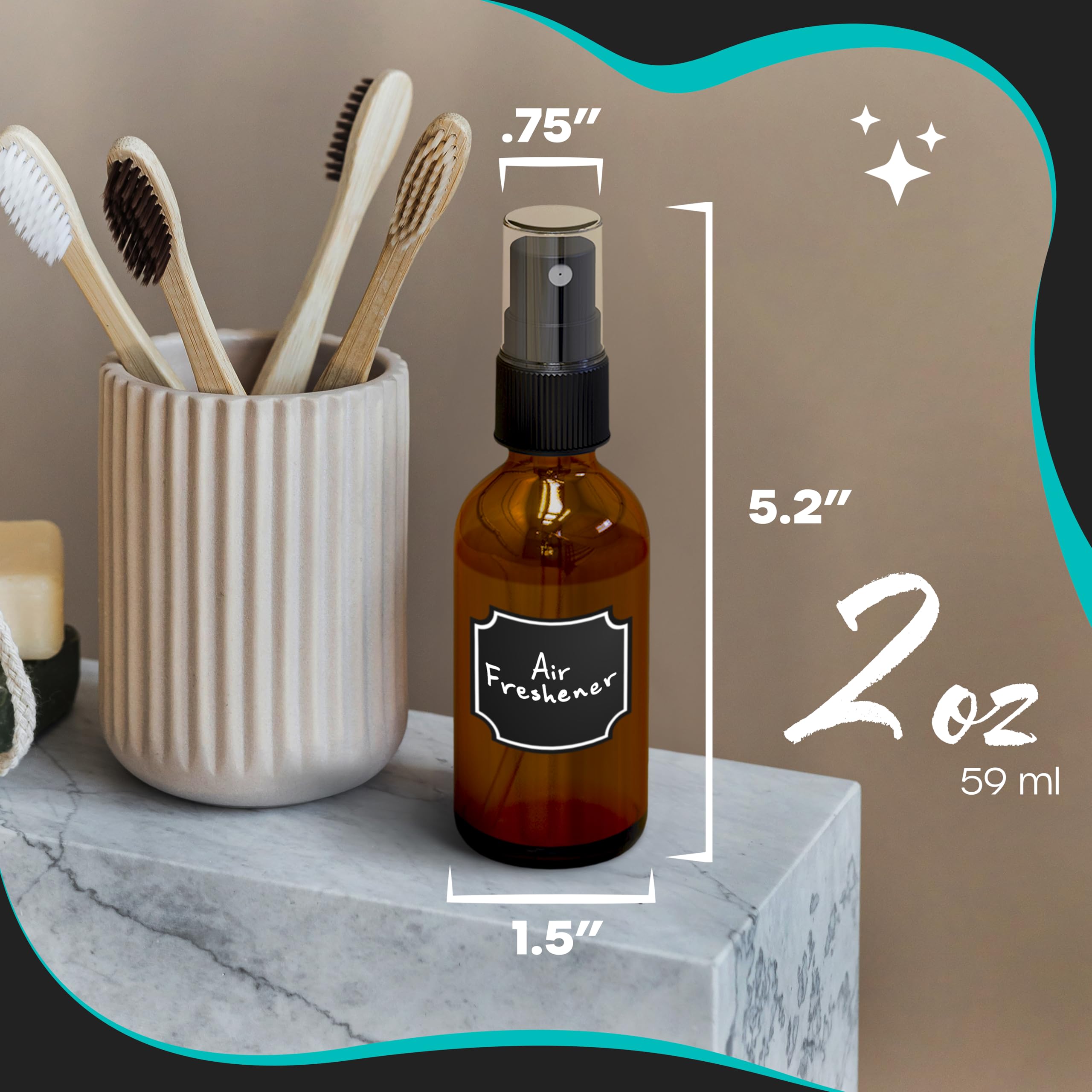 Nevlers 48 Pack Amber 2 Oz Spray Glass Bottle | The Amber Misting Glass Bottles Includes Sprayers & A Funnel And Brush With Bonu