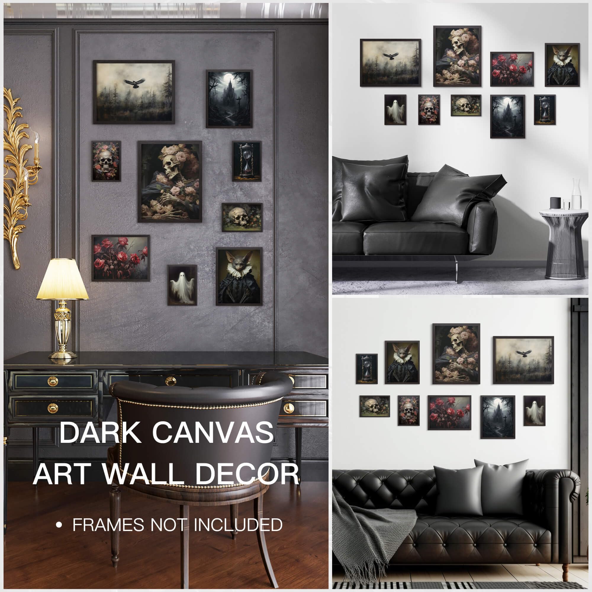 Putuo Decor Gothic Skull Wall Decor, 9Pcs Gothic Dark Academia Wall Art, Floral Rose Skeleton Ghost Wall Art, Scary Creepy Print