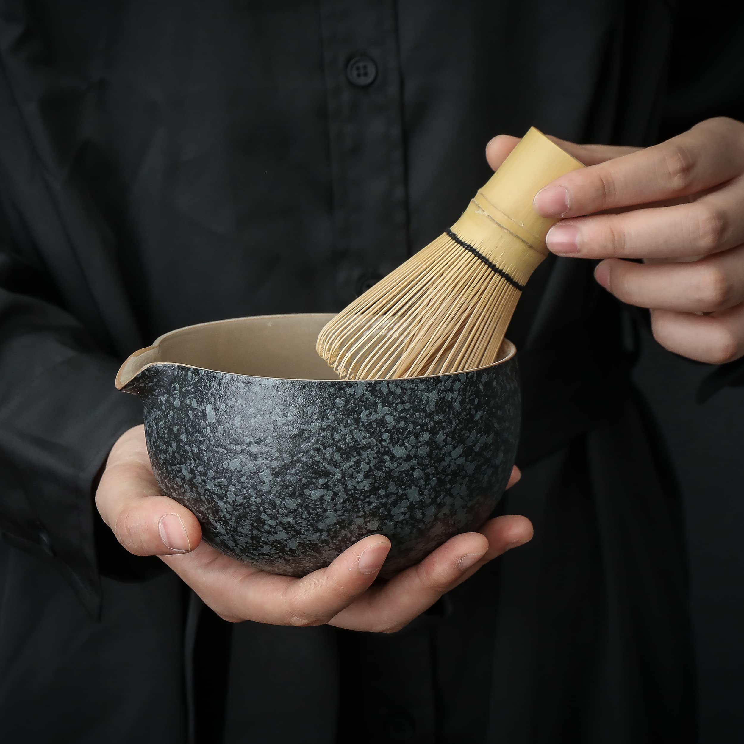 TEANAGOO Japanese Tea Set - 7pcs Matcha Whisk Kit, Ceramic, Charcoal Grey, Model Noir/Gris Rocky