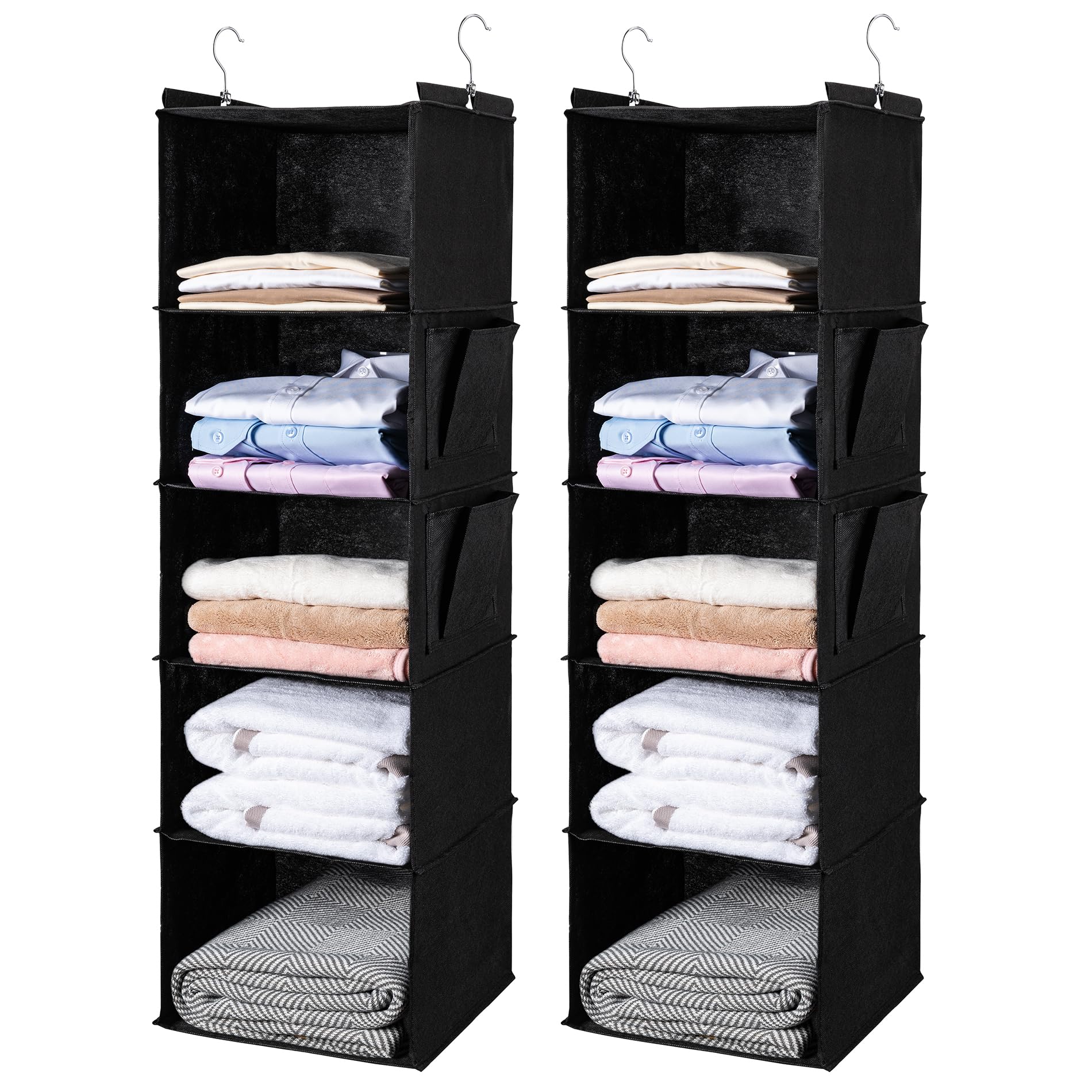 BOOMIBOO Hanging Closet Organize and Shelves,5-Hanging Shelf with 2 Side Pockets,Storage Foldable (2 Pack,Black)
