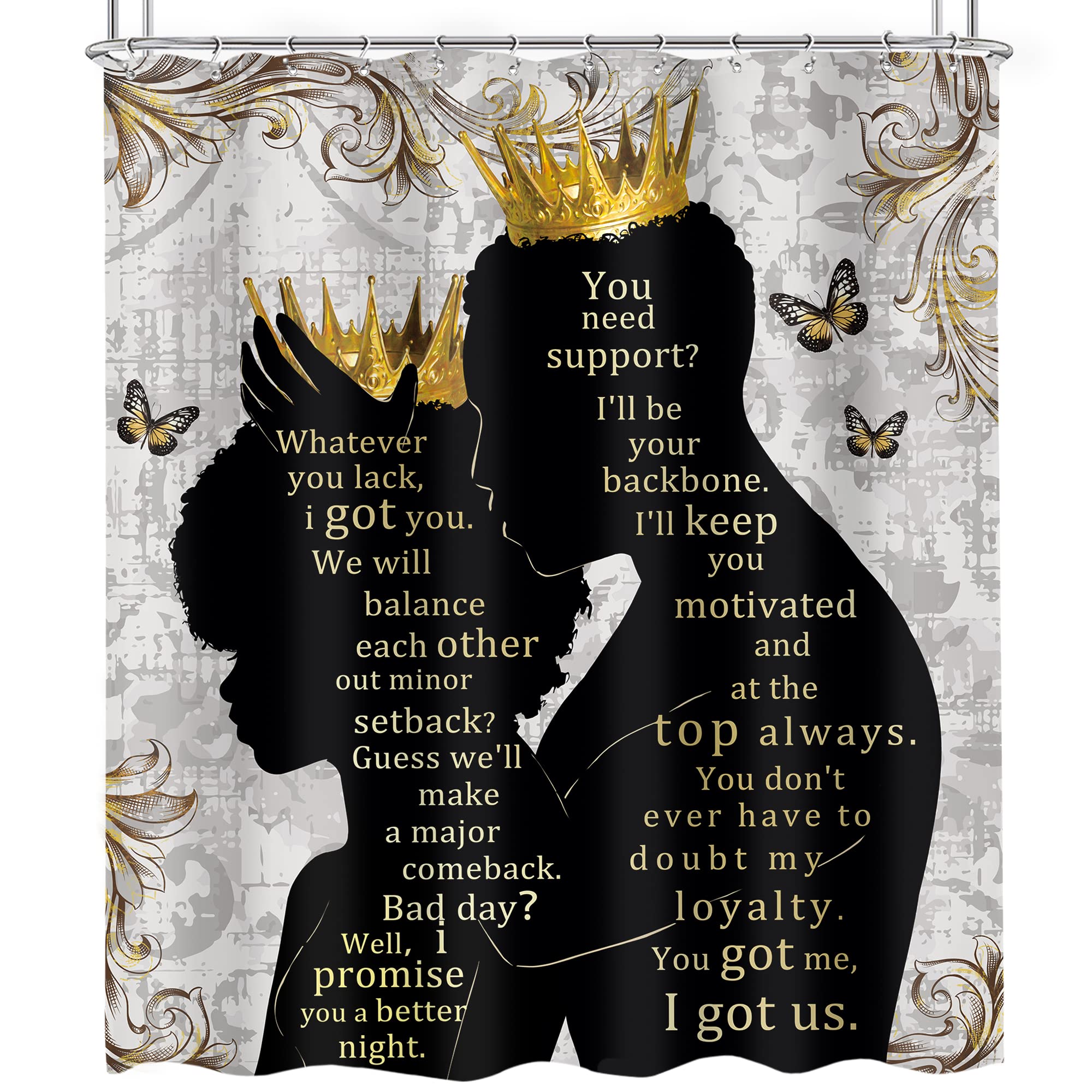 Omifly African American Women Men Shower Curtain 60Wx72H Inch Afro Black Queen King Luxury Gold Crown Inspirational Quotes Butte