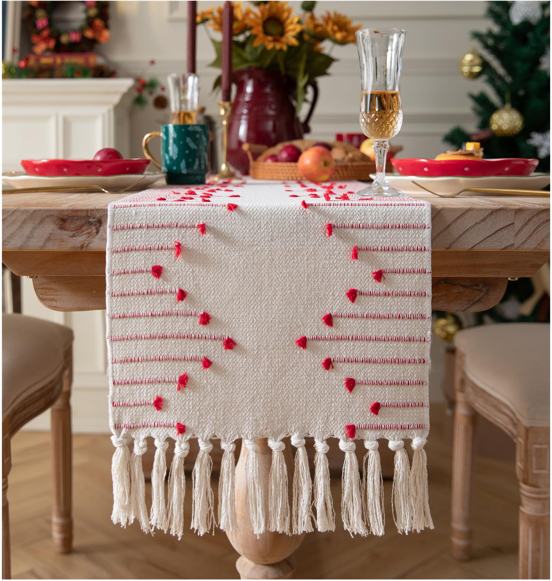Christmas Table Runner 13 x 72 Inch Long Natural Cotton Woven Runner with Tassels for Home Dining Christmas Decorations, for Mod