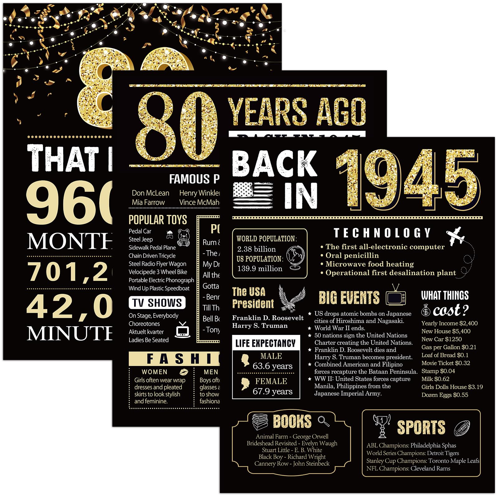 80 Years Ago 80th Birthday Wedding Anniversary Poster 3 Pieces 11 x 14 40s Party Decorations Supplies Large Sign Home Decor for Men and Women (Back in 1943-80 Years)
