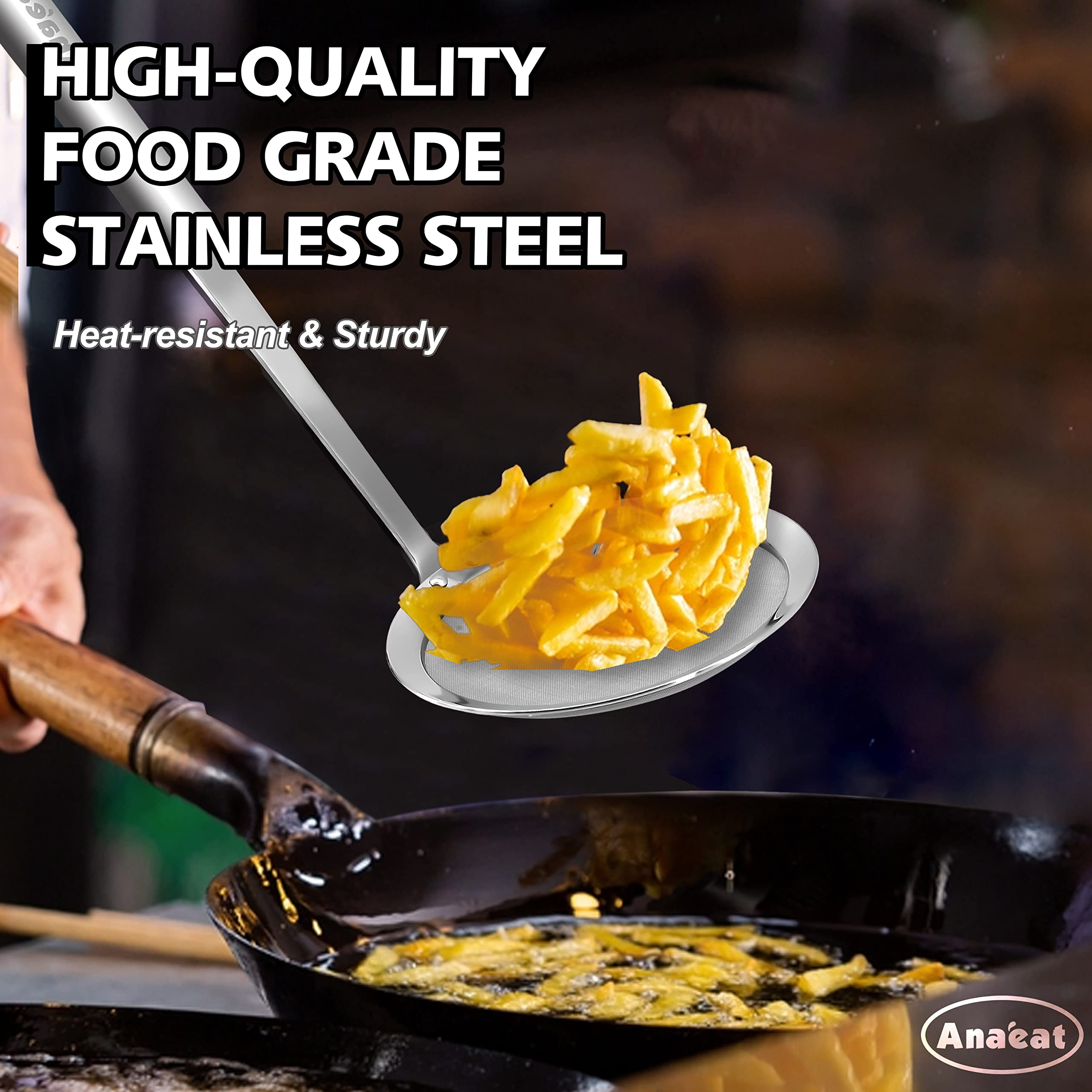 Anaeat Stainless Steel Fat Skimmer Spoon - Set of 3 Professional Kitchen Fine Mesh Food Strainer and Hot Pot Skimmer with Long Handle for Skimming  Cooking  Frying  Grease  Gravy and Foam (3''+4''+4.7'')