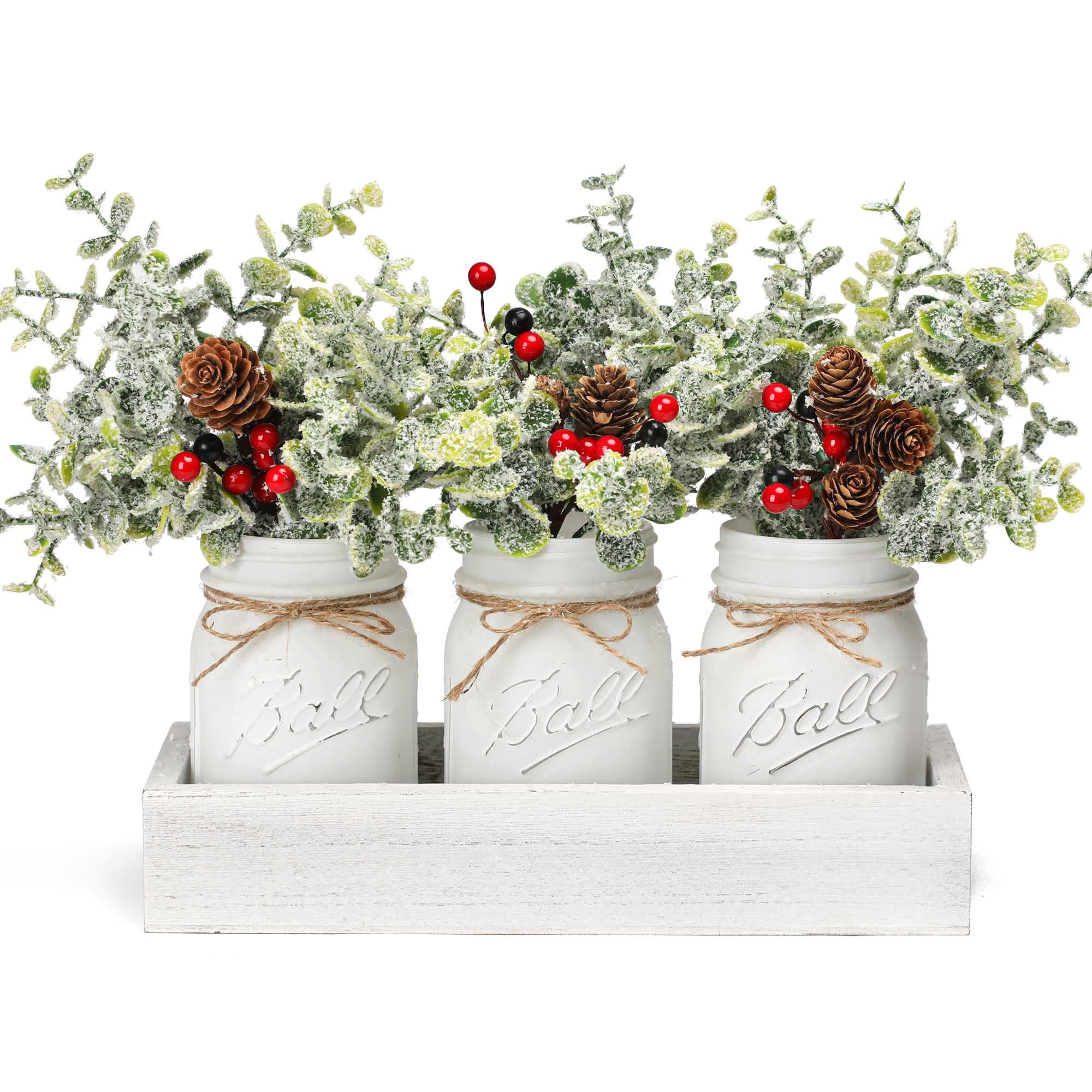Christmas Mason Jars, Set of 3 White Painted Jars with Artificial Pine and Berries in Wood Tray, Christmas Centerpieces for Dini