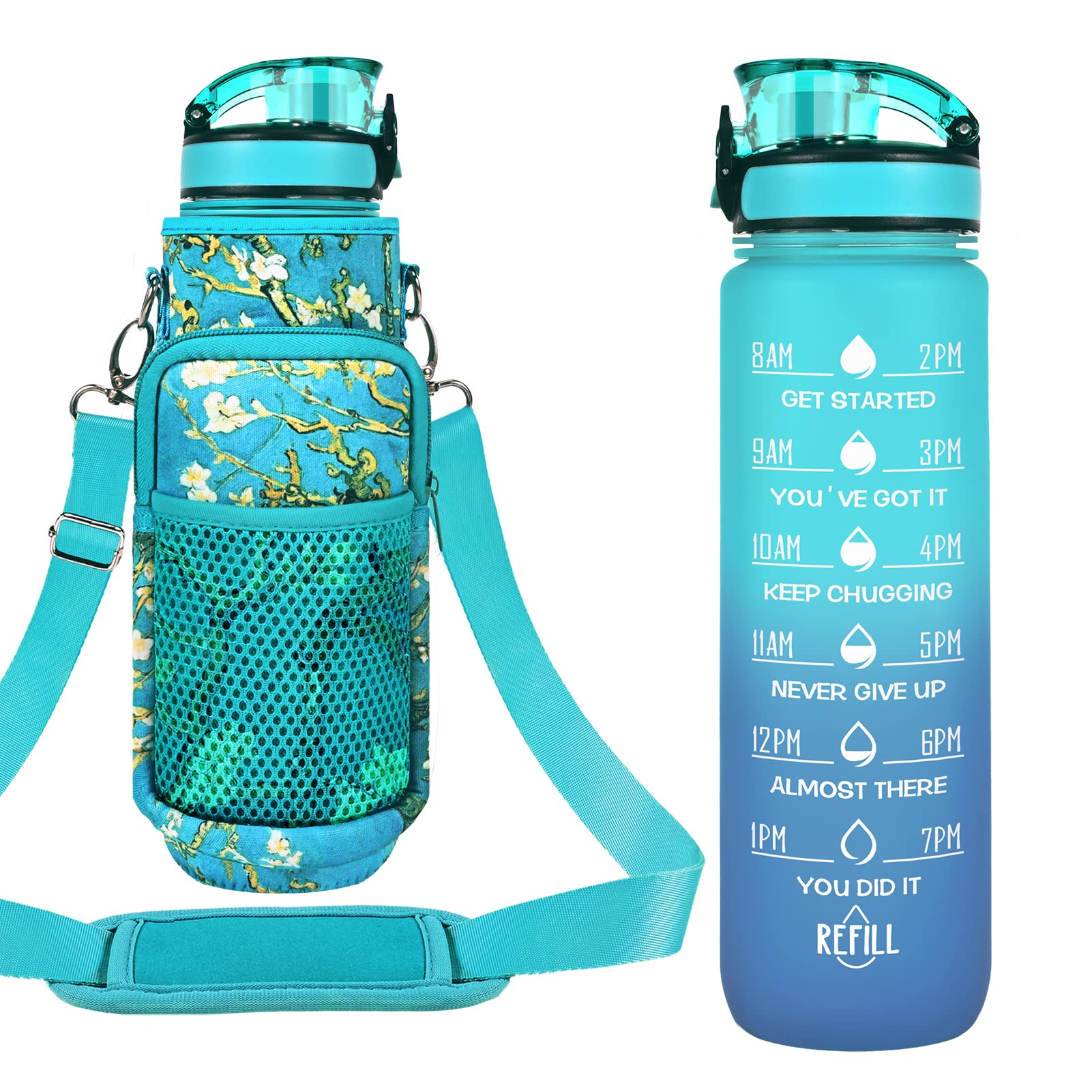 32 Oz Water Bottles With Straw & Strap, Motivational Water Bottles With Times To Drink, Bpa Free Reusable Sports Water Bottle Wi
