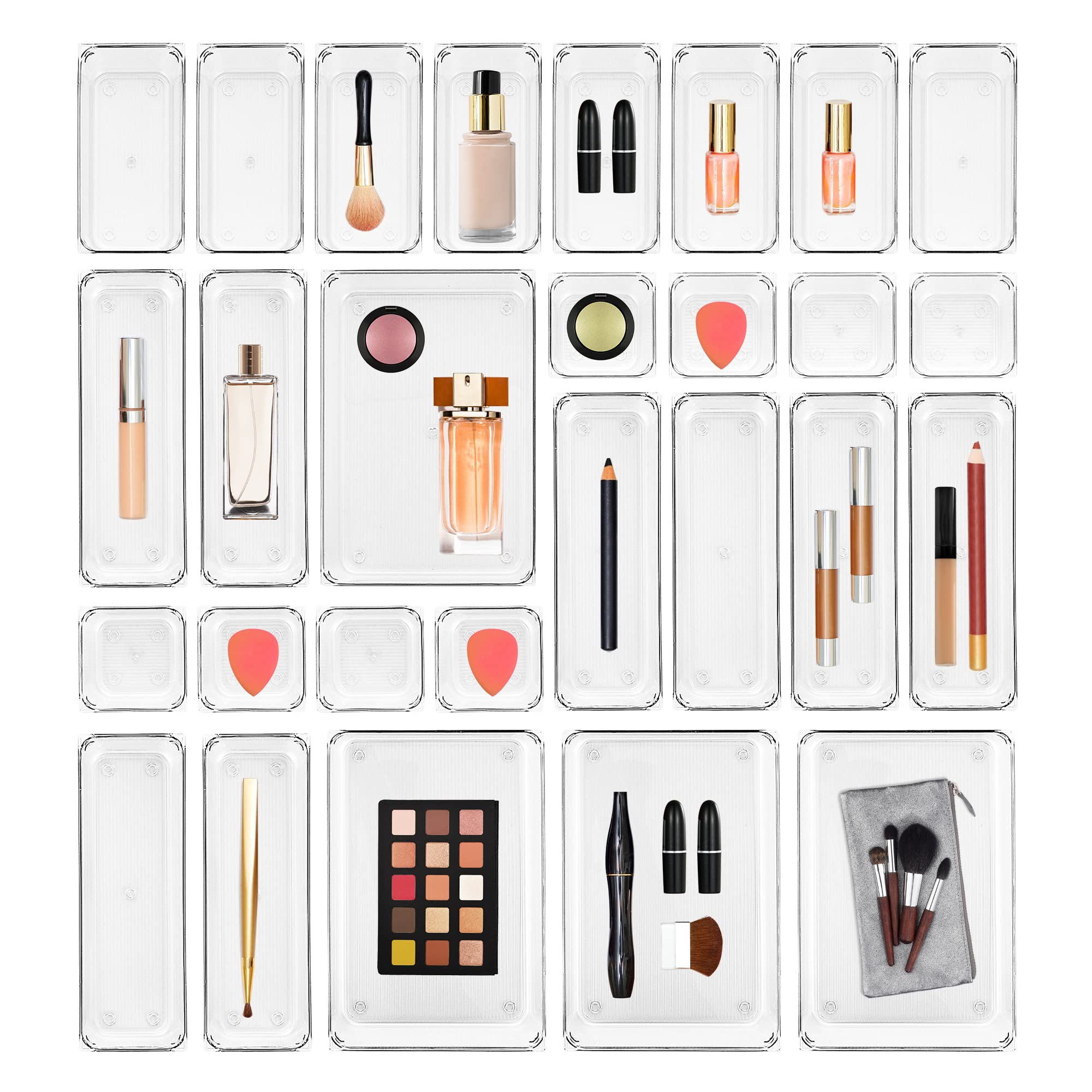Ravinte 28 PCS Drawer Organizer Plastic Storage Bins, 4 - Size Kitchen Drawer Organizer with Non-Slip Pads Clear Desk Storage Tr