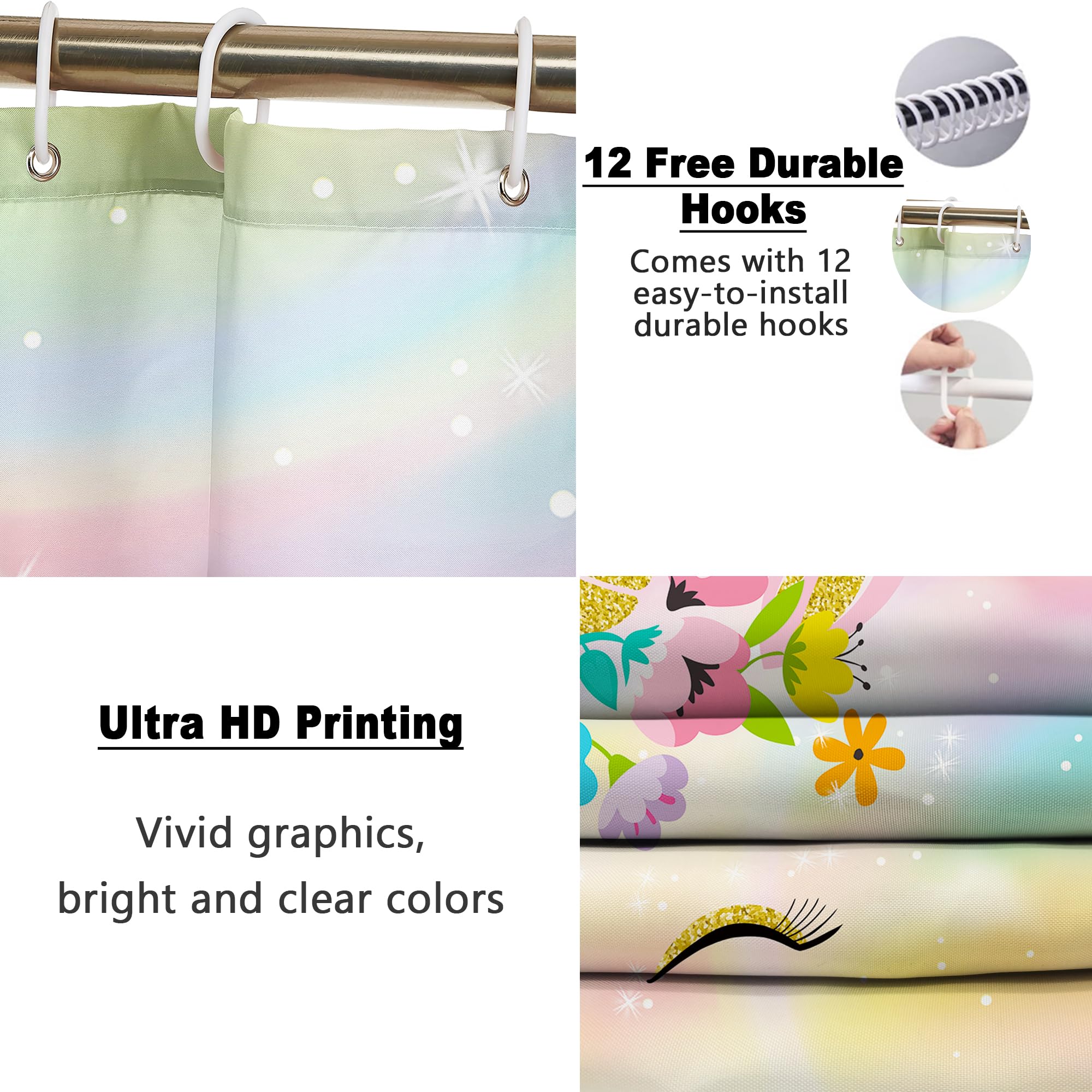 Poedist 4 Pcs Bathroom Shower Curtain Set Kids Bathroom Sets with Rugs(Bath Mat U Shape and Toilet Lid Cover Mat) and 12 Metal Hooks Multicolor Cute Flowers