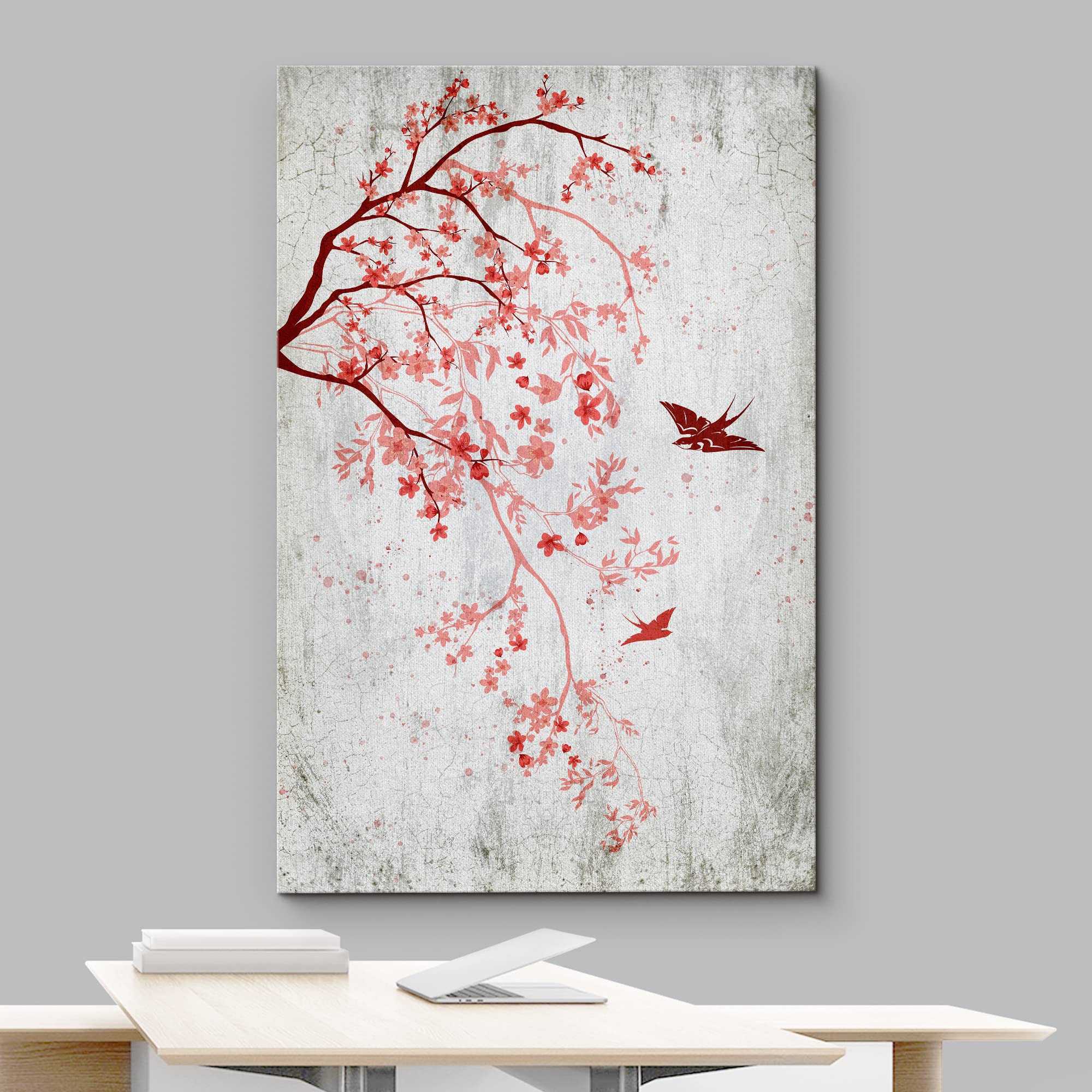 Wall26 Canvas Print Wall Art Retro Wood Panel Red Cherry Blossoms Nature Wilderness Illustrations Modern Art Decorative Multicol