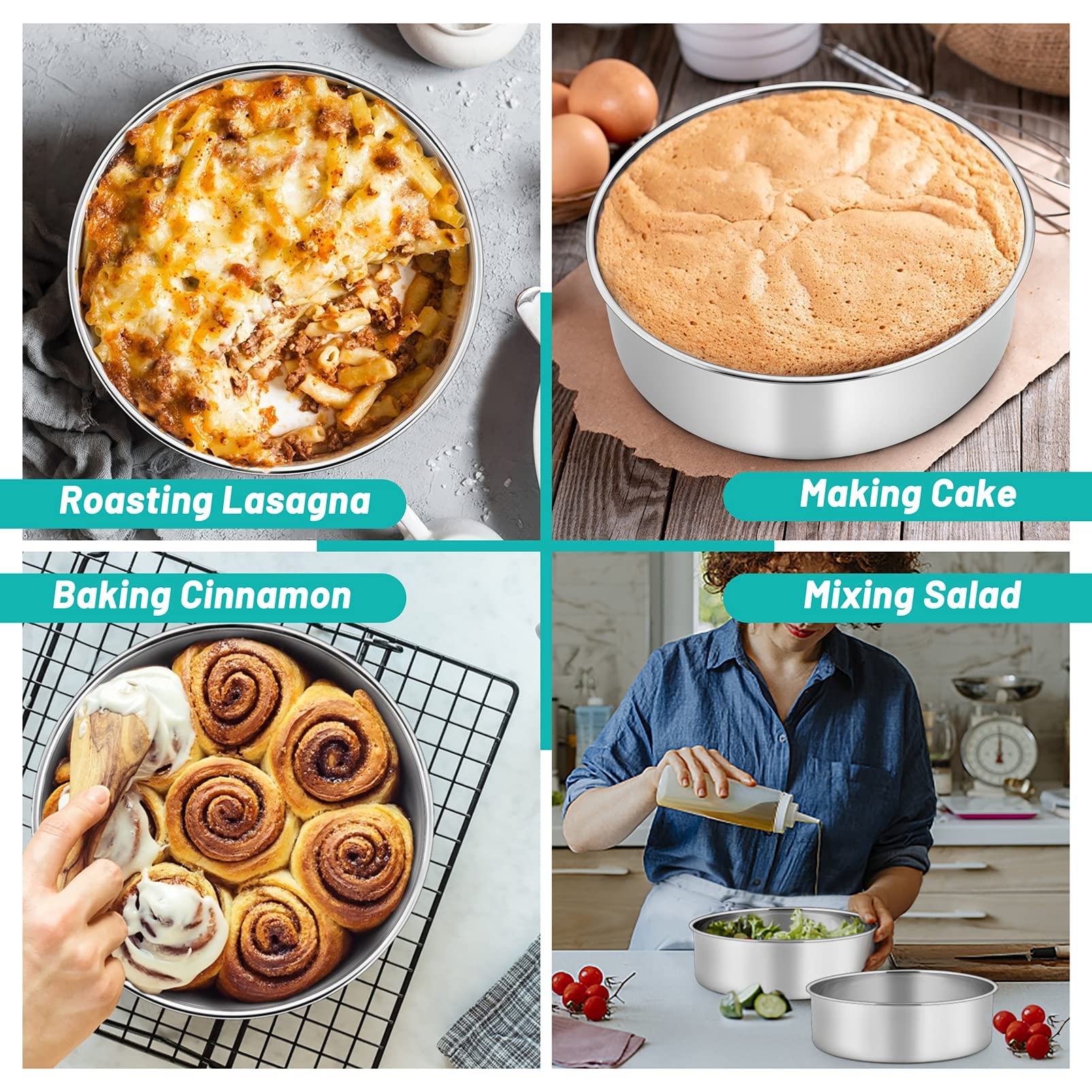Teamfar Round Cake Pan, 9 X 3 Inch Stainless Steel Deep Baking Roasting Cake Pan For Birthday Party Wedding, Non-Toxic & Heavy D