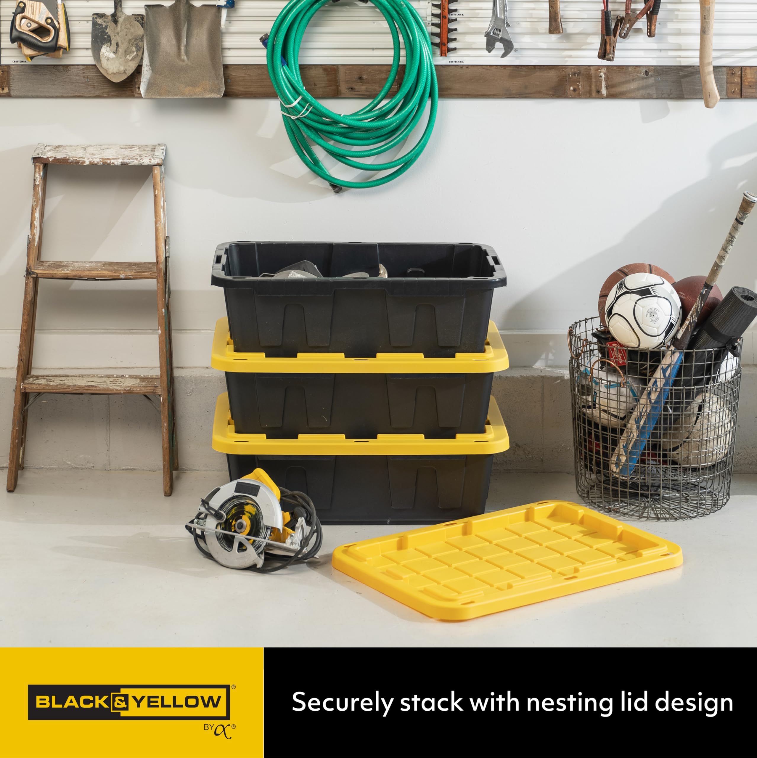 Cx Black & Yellow, 15-Gallon Heavy Duty Tough Storage Container & Snap-Tight Lid, (9.5   H X 20.6   W X 30.6   D), Weather-Resis