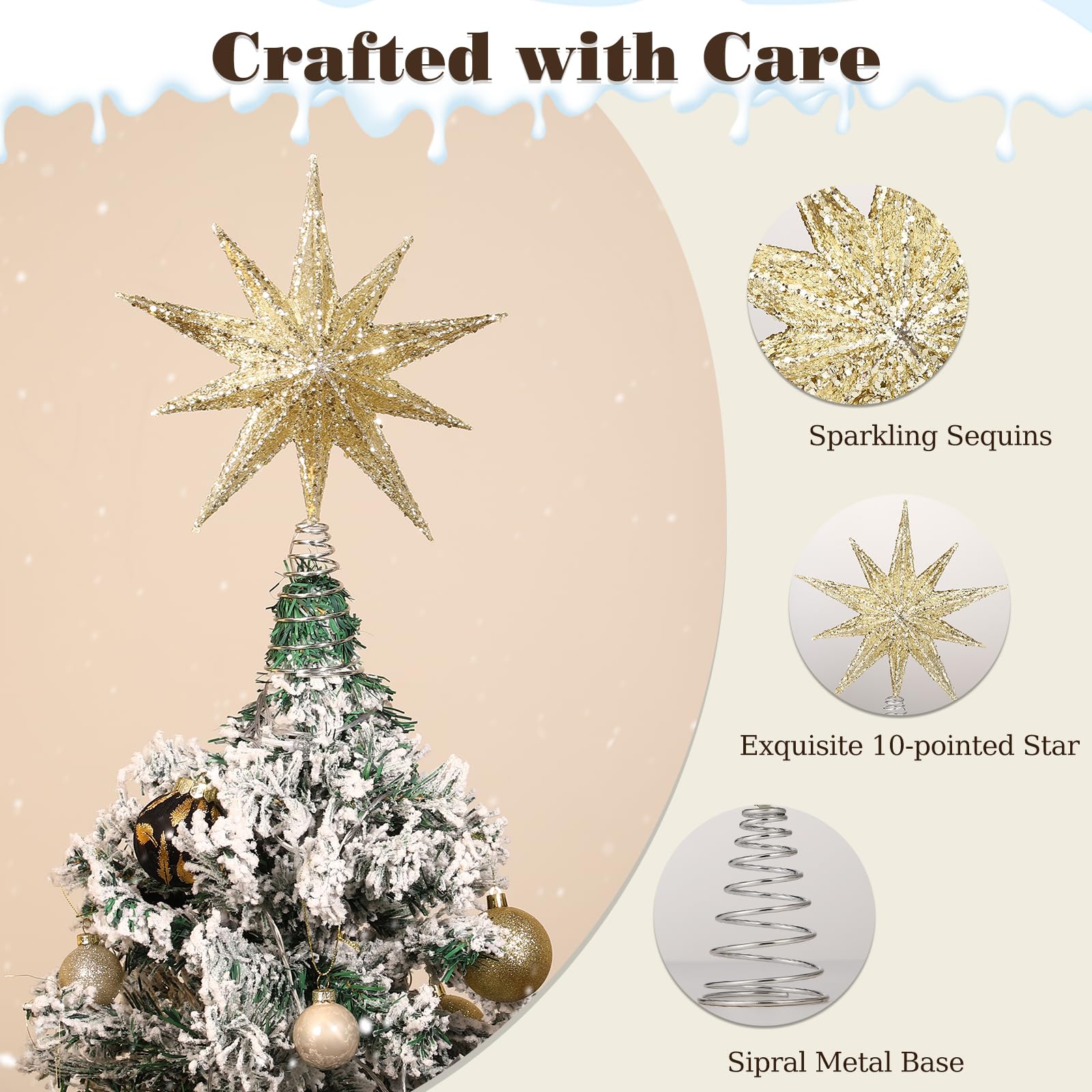 Lewondr Christmas Tree Topper Star, 13 Inch 10-Pointed Light Up Xmas Star Treetop with Plug and Remote Control for Home Christma