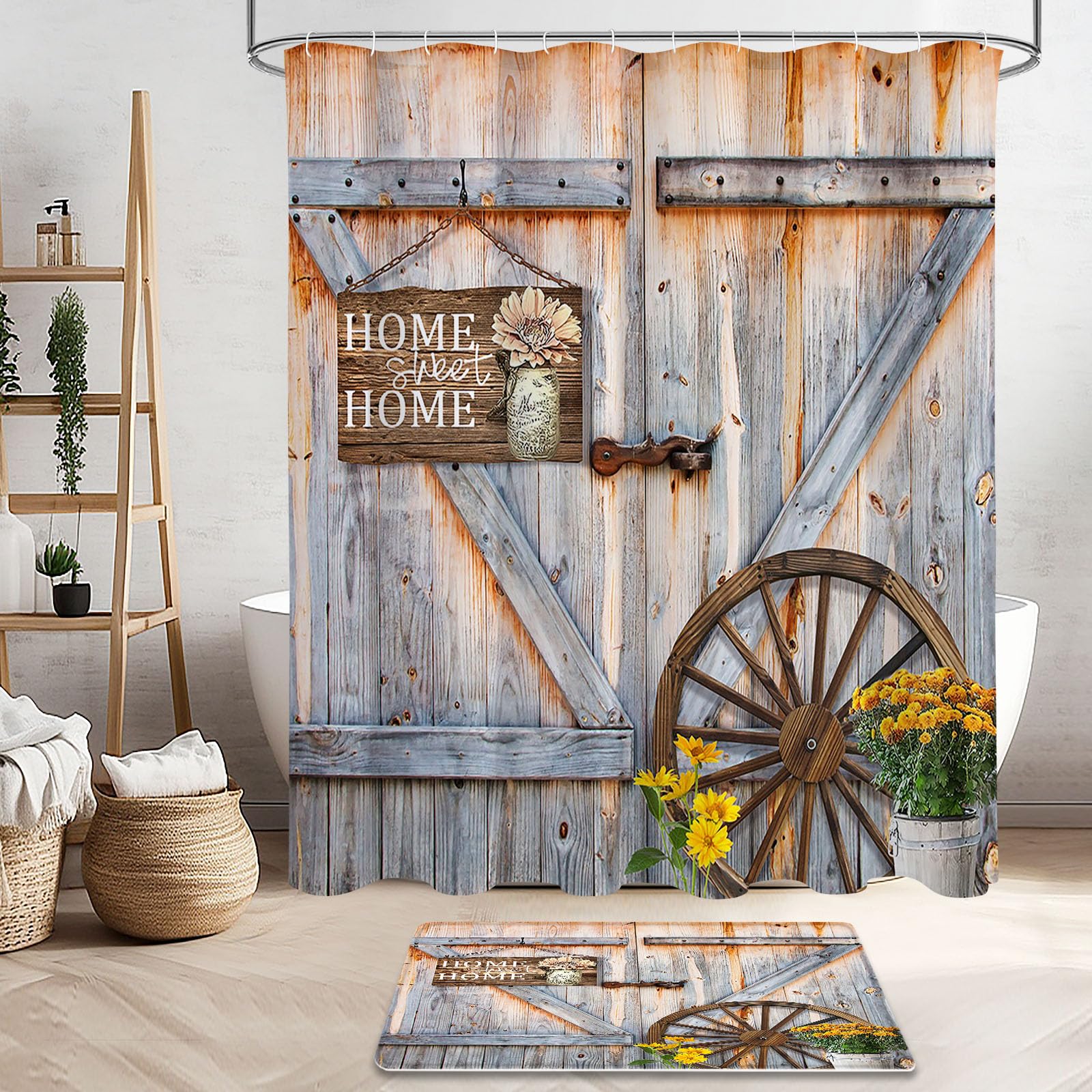 Litabel 4 Pcs Rustic Farmhouse Door Shower Curtain Set With Non-Slip Rugs, Toilet Lid Cover And Bath Mat, Countryside Flowers Ba