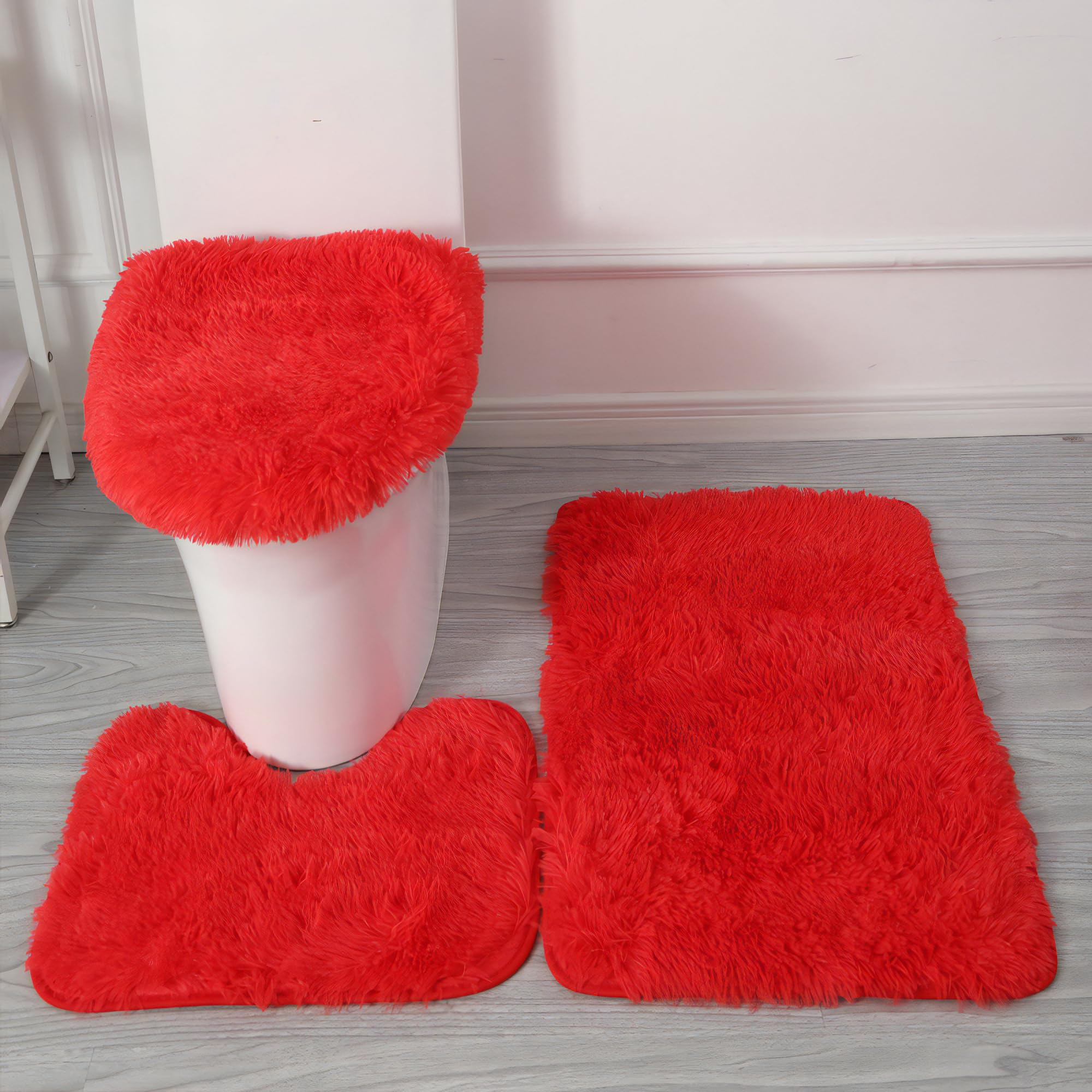 Eanpet Shaggy Bathroom Rugs Sets 3Piece Red Bath Mat For Bathroom Non-Slip Bathroom Mats Water Absorbent Bath Rug Floor Mats Sof