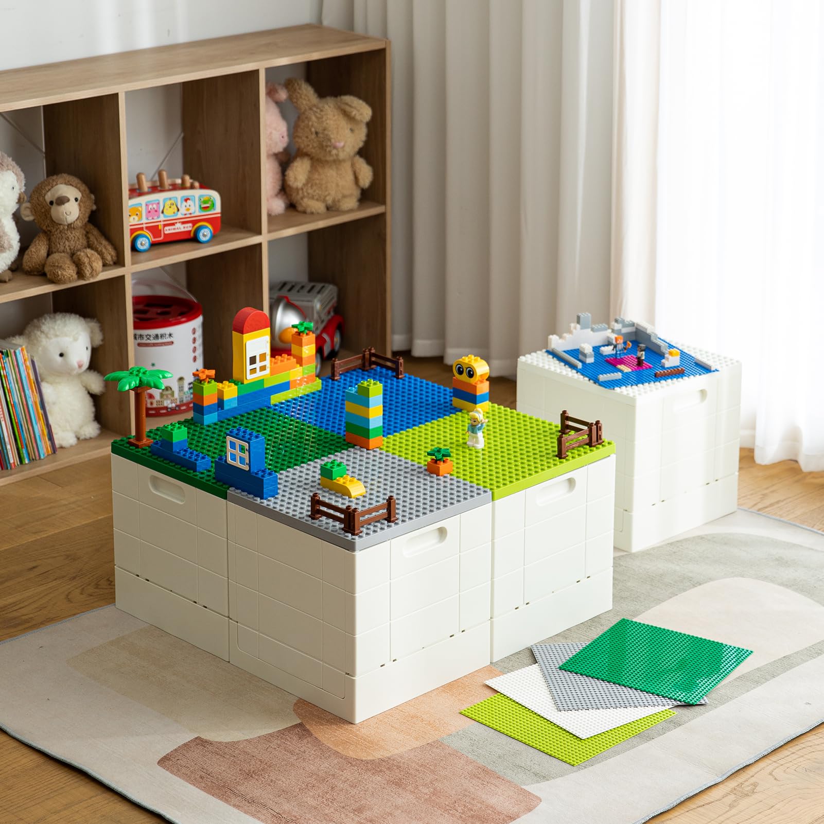 Shimoyama Collapsible Storage Box With Large Building Base For Duplo Blocks, 26 Qt. Foldable Storage Bin (Dark Green)