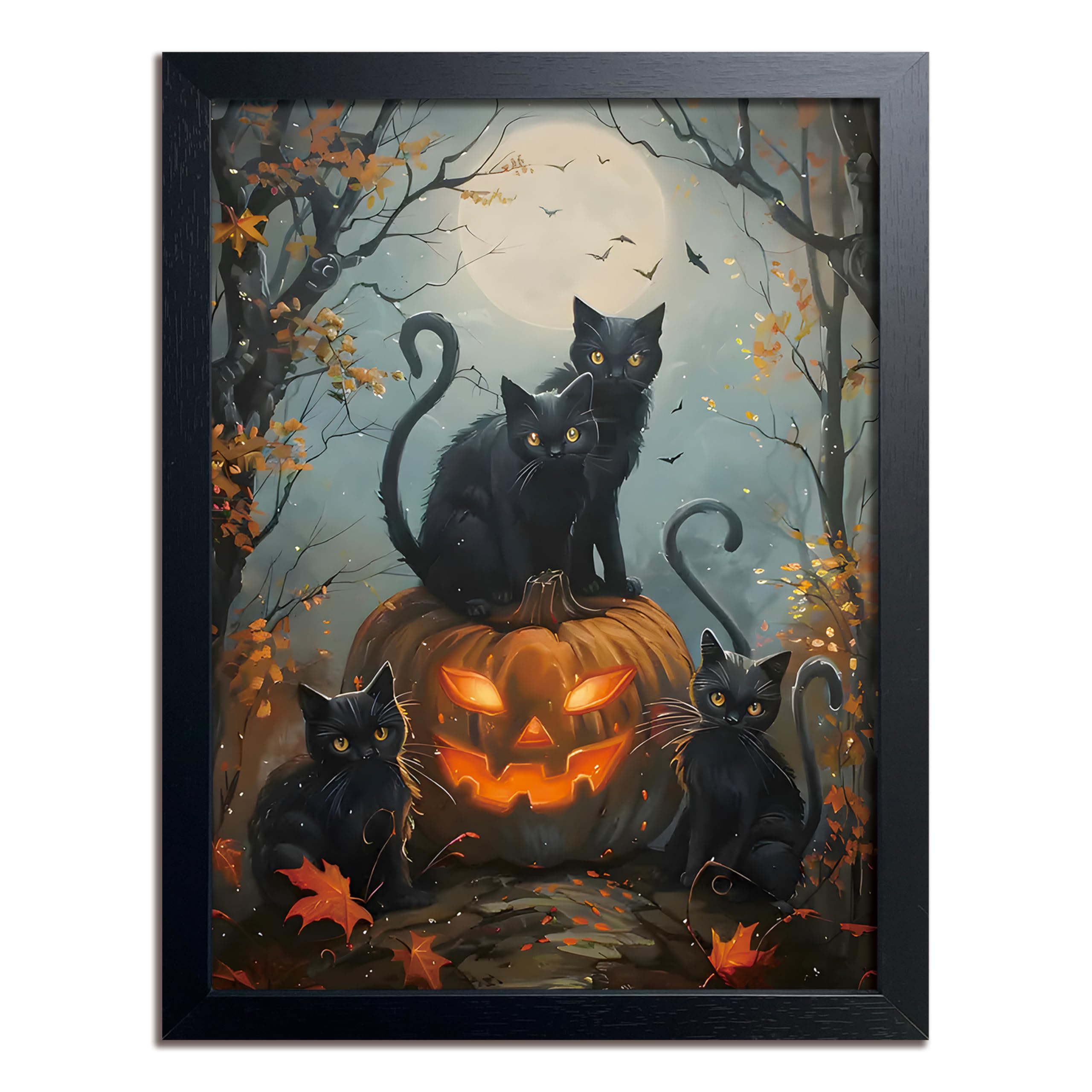 Solid Wood Frame Canvas Poster Print Wall Art (Black Cat, 24L X 16W, Framed)