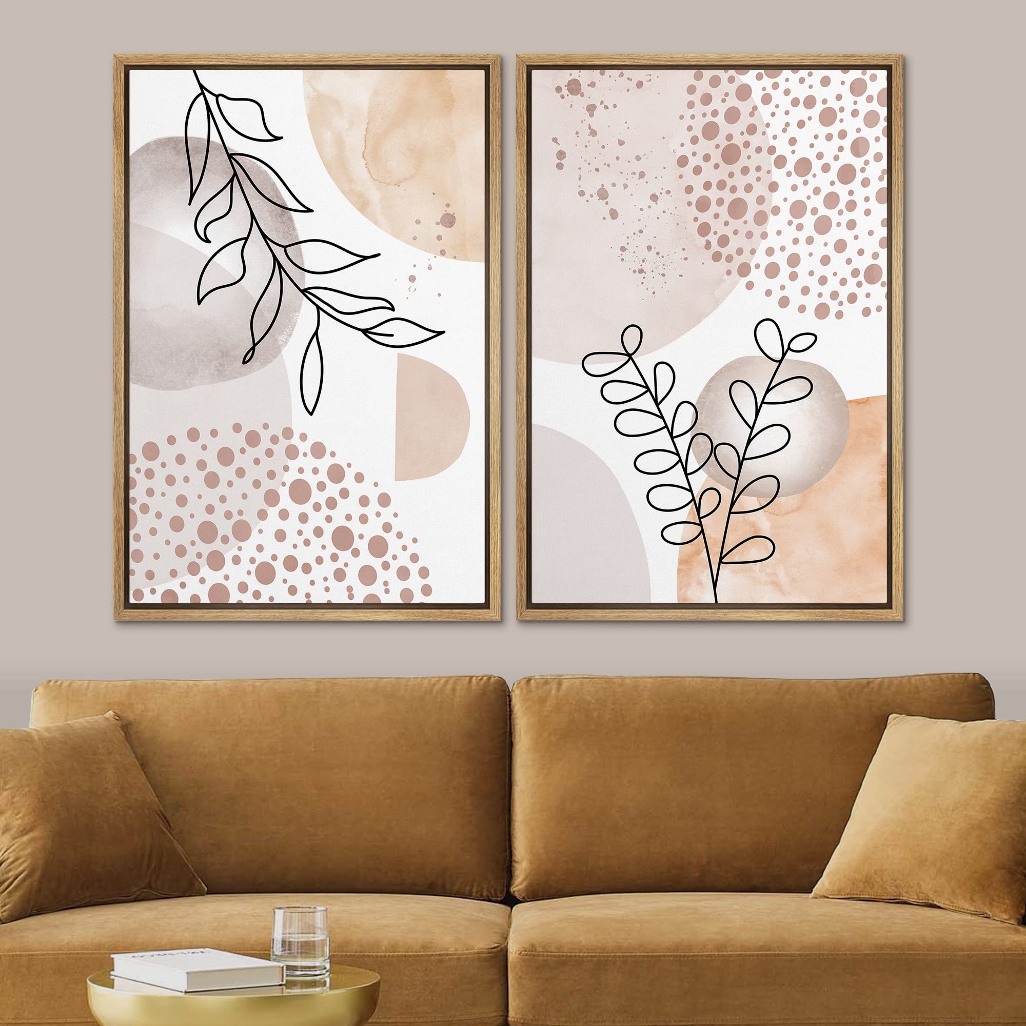 Signford Framed Canvas Print Wall Art Set Mid-Century Pastel Forest Plant Sketches Abstract Shapes Illustrations Modern Art Deco