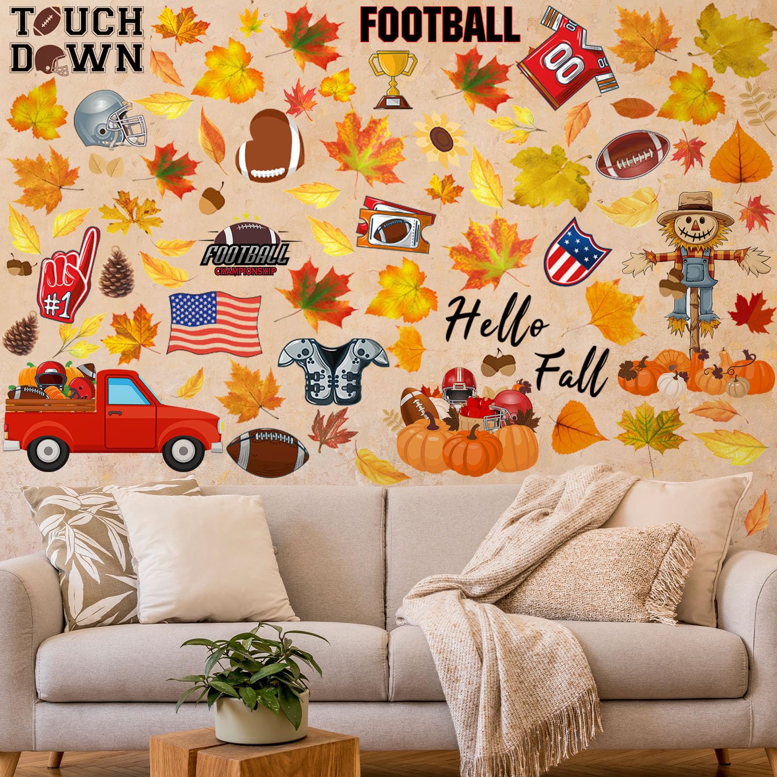 Fullhawl 6 Sheet Thanksgiving Wall Decals Thanksgiving Pumpkin Maple Leaf Truck Wall Decals Fall Football Stickers for Fall Foot
