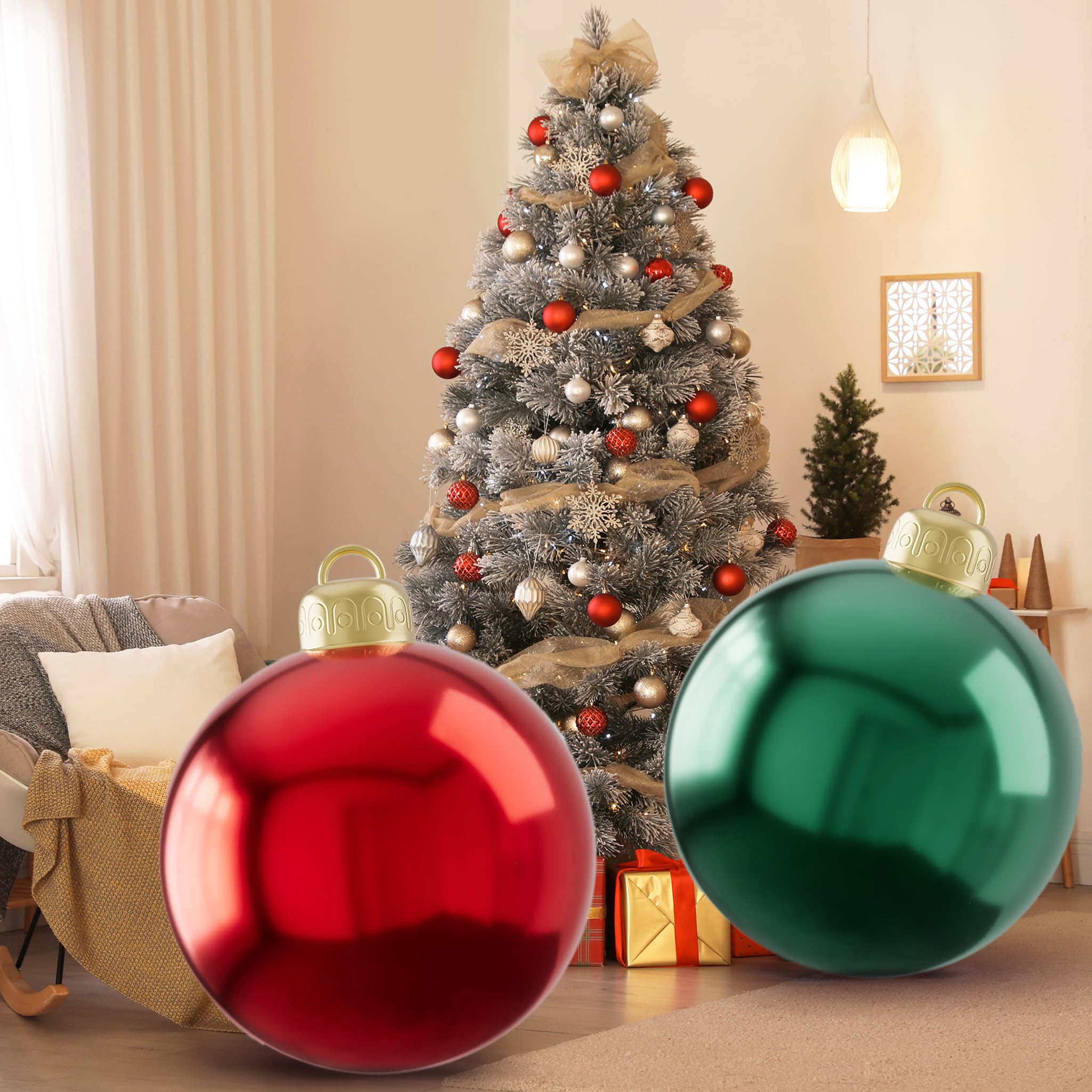 2Pcs 24 Inch Christmas Inflatable Balls Outdoor Giant Christmas Balls, Large Outdoor Christmas Ornaments Ball Xmas Hangable Blow