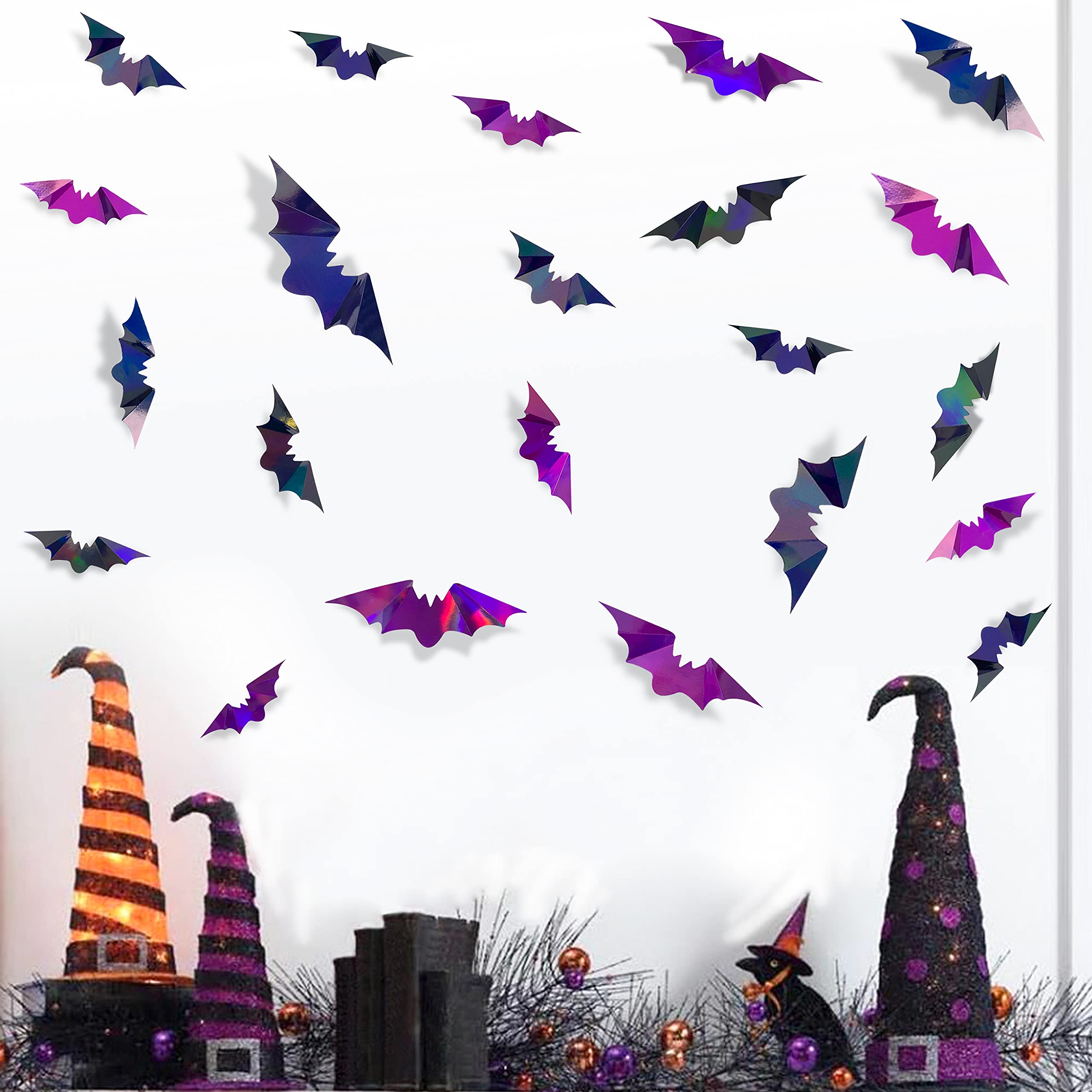 72Pcs Bats Halloween Decoration Iridescent 3D Bats Wall Decor Black Purple Holographic Paper Decorative Bat Wall Art Decals Stic