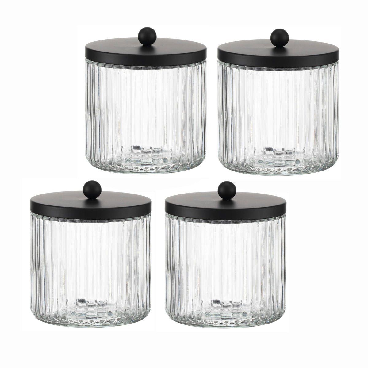 Kmwares 4-Pack Glass Qtip Holder Dispenser Set For Cotton Ball, Swab, Round Pads, Floss Picks - Bathroom Canister Storage Organi