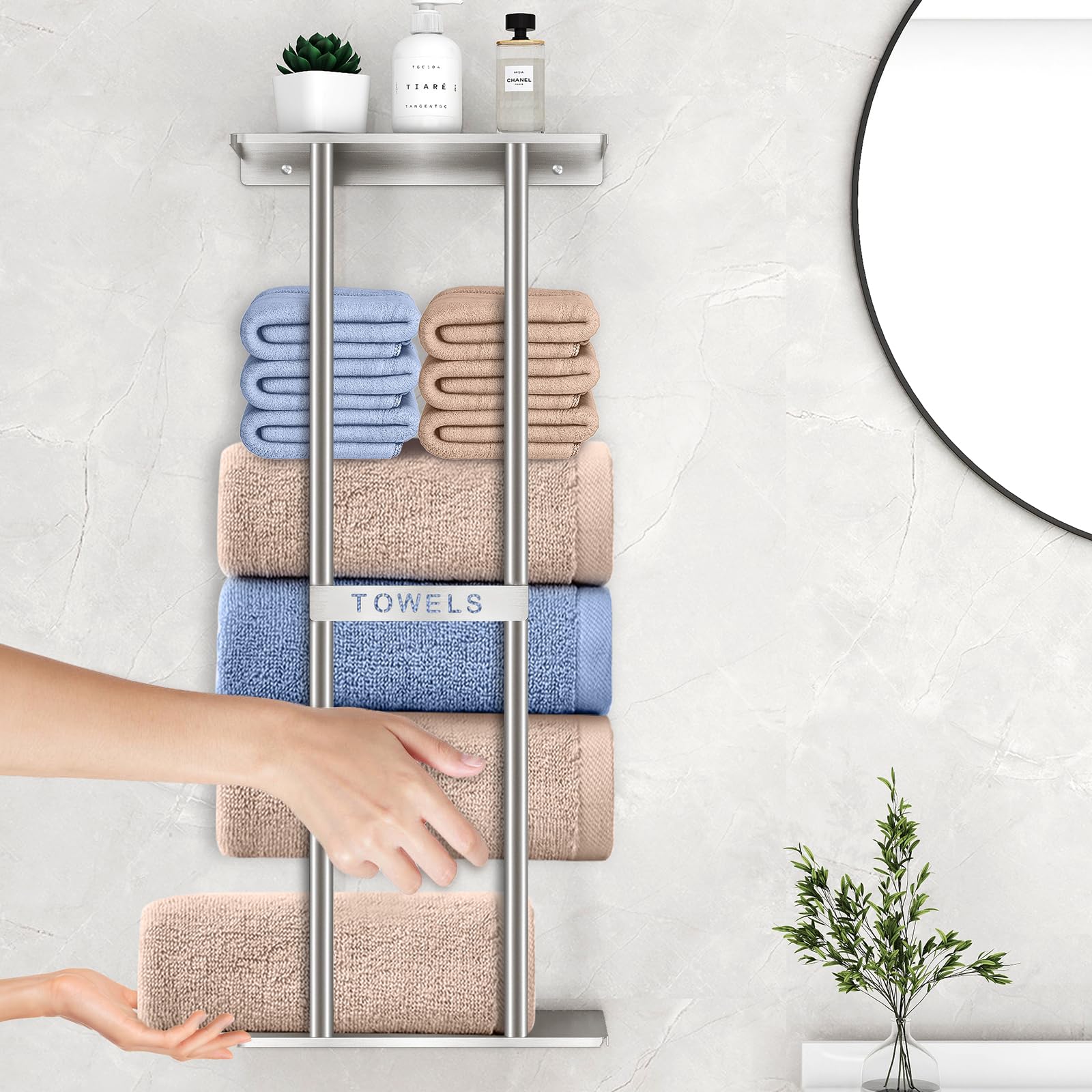 Stwwo Bathroom Towel Storage For Bathroom, Wall Towel Rack For Rolled Towels, 30 Inch Towel Holder Wall Mounted With Metal Shelf