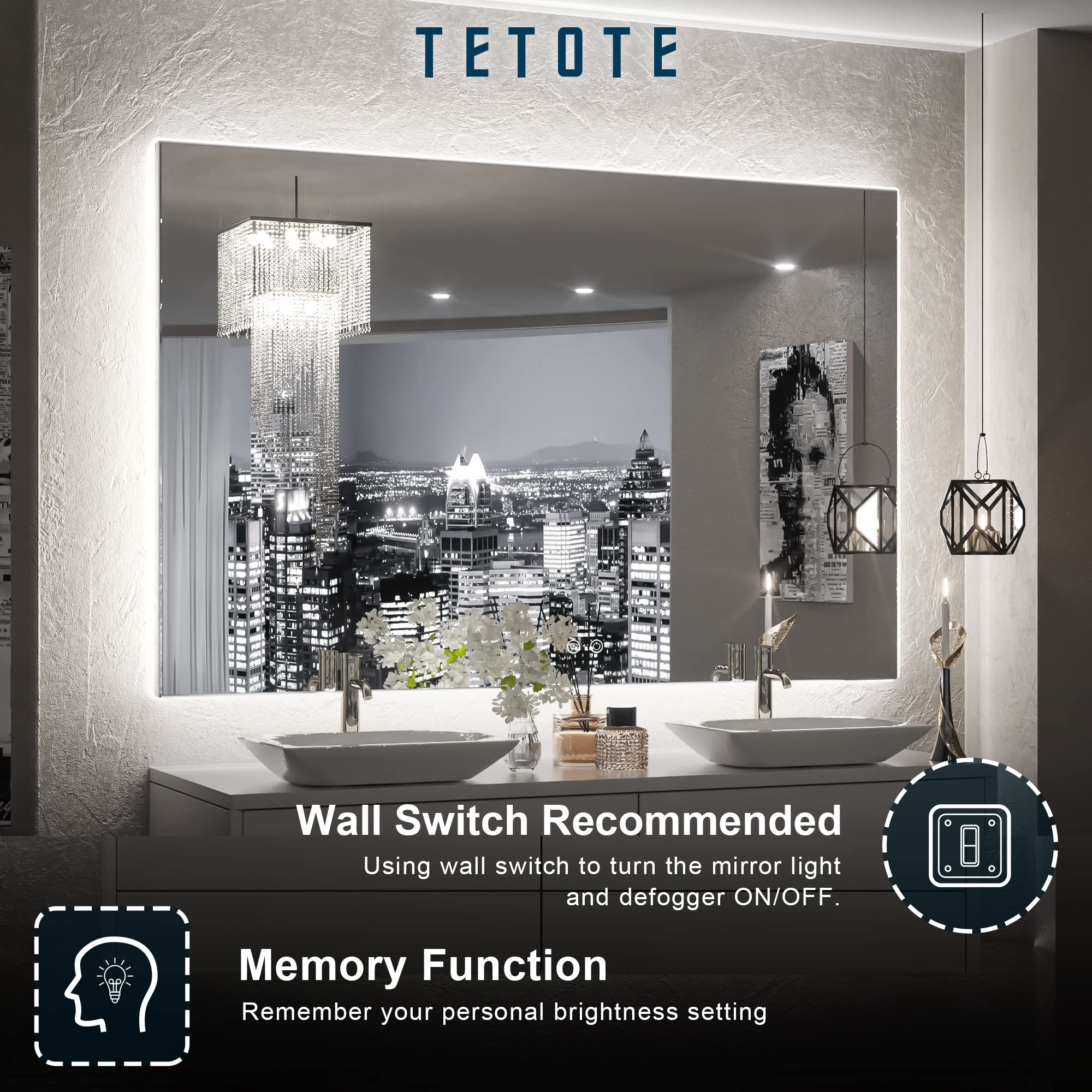 Tetote 48 X 30 Inch Led Mirror Backlit Bathroom,Anti-Fog Mirror With Light,Dimmable,Cri90+,Ip54 Water Proof,Wall Mounted Vanity