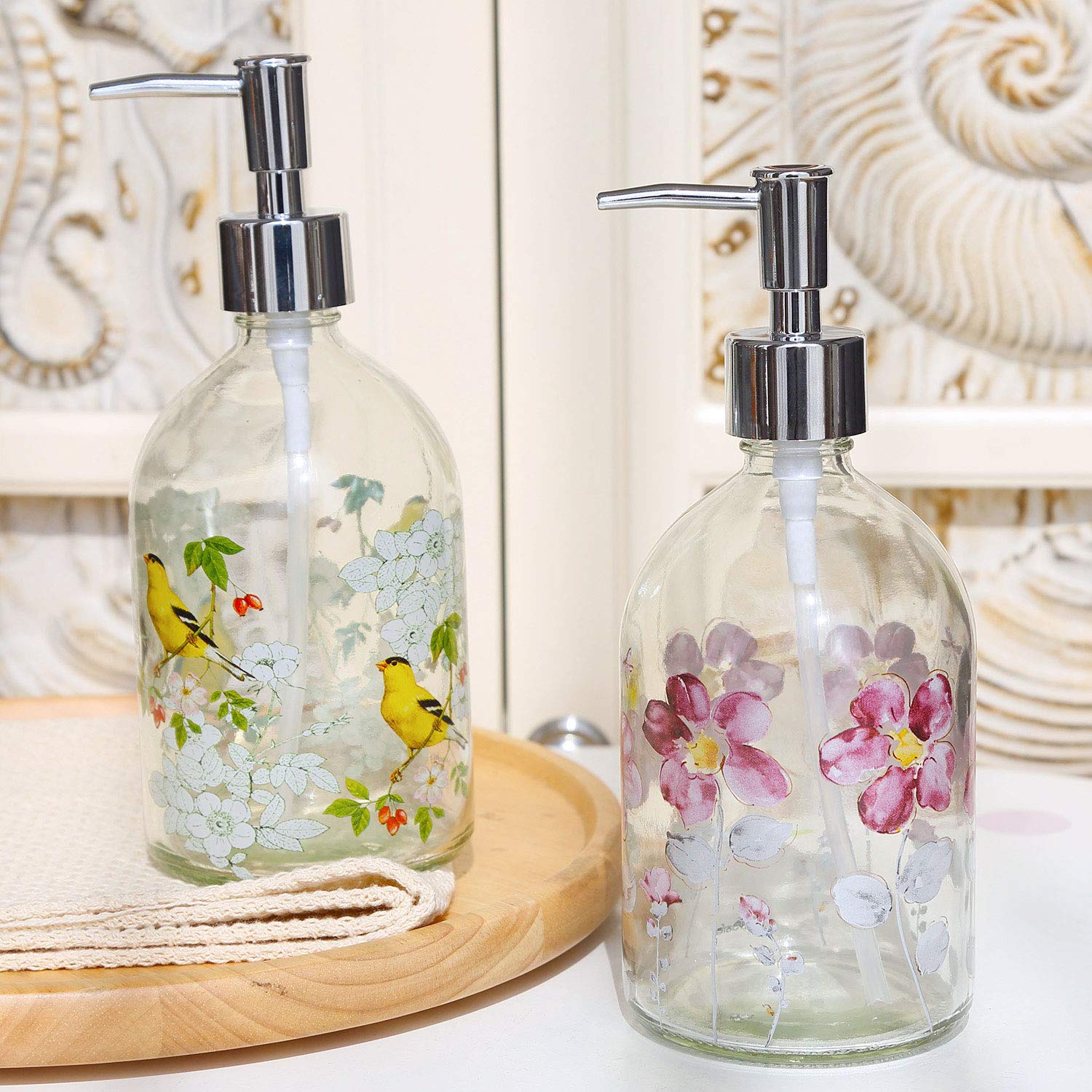 17Oz Flower Glass Soap Dispenser Bottle With Plastic Pump,Set Of 2