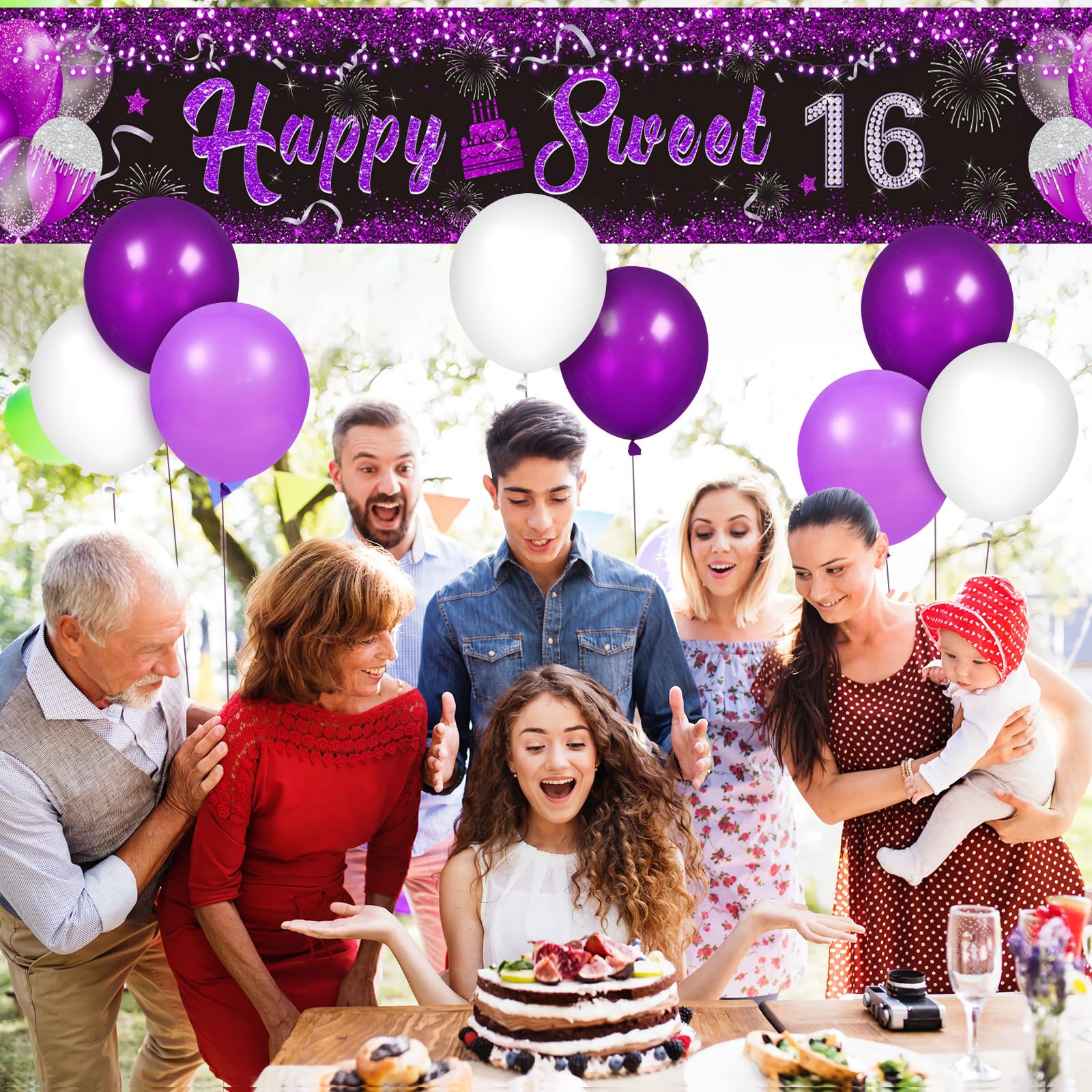 Purple 16Th Birthday Decorations Banner For Girls Happy Sweet 16 Birthday Yard Banner Black Purple And Silver 16Th Birthday Yard