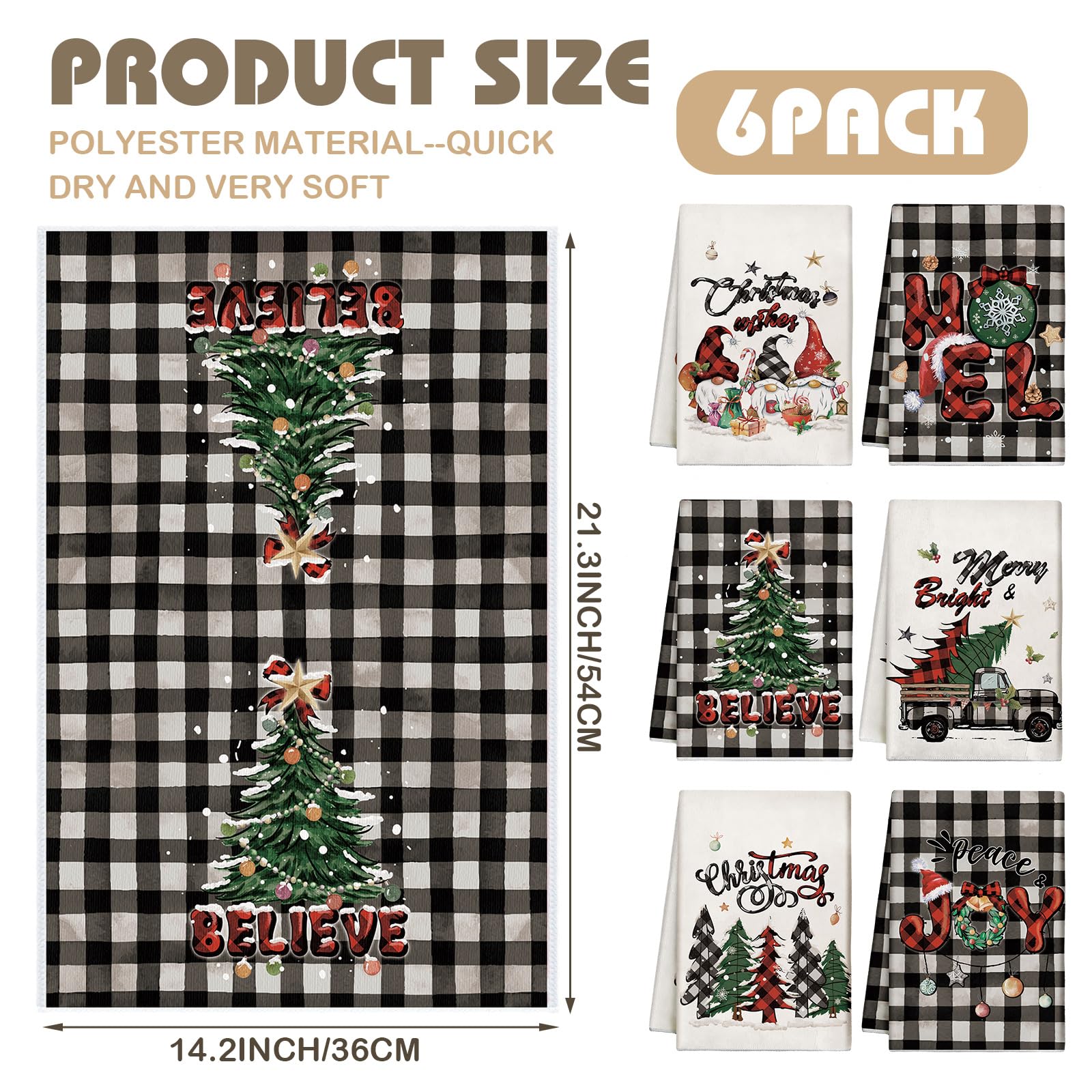 Hosuly 6 Pcs Christmas Kitchen Towels Black White Buffalo Plaid Dish Clothes Christmas Vintage Tea Towels Plaid Gnome Truck Xmas