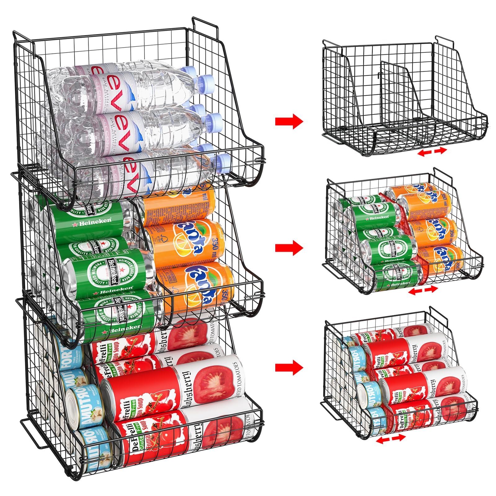 Stacking Can Dispensers 3 Tier With 3 Divider, Large Pantry Can Organizer, Standing Water Bottle Holder, Beverage Drink Pop Soda