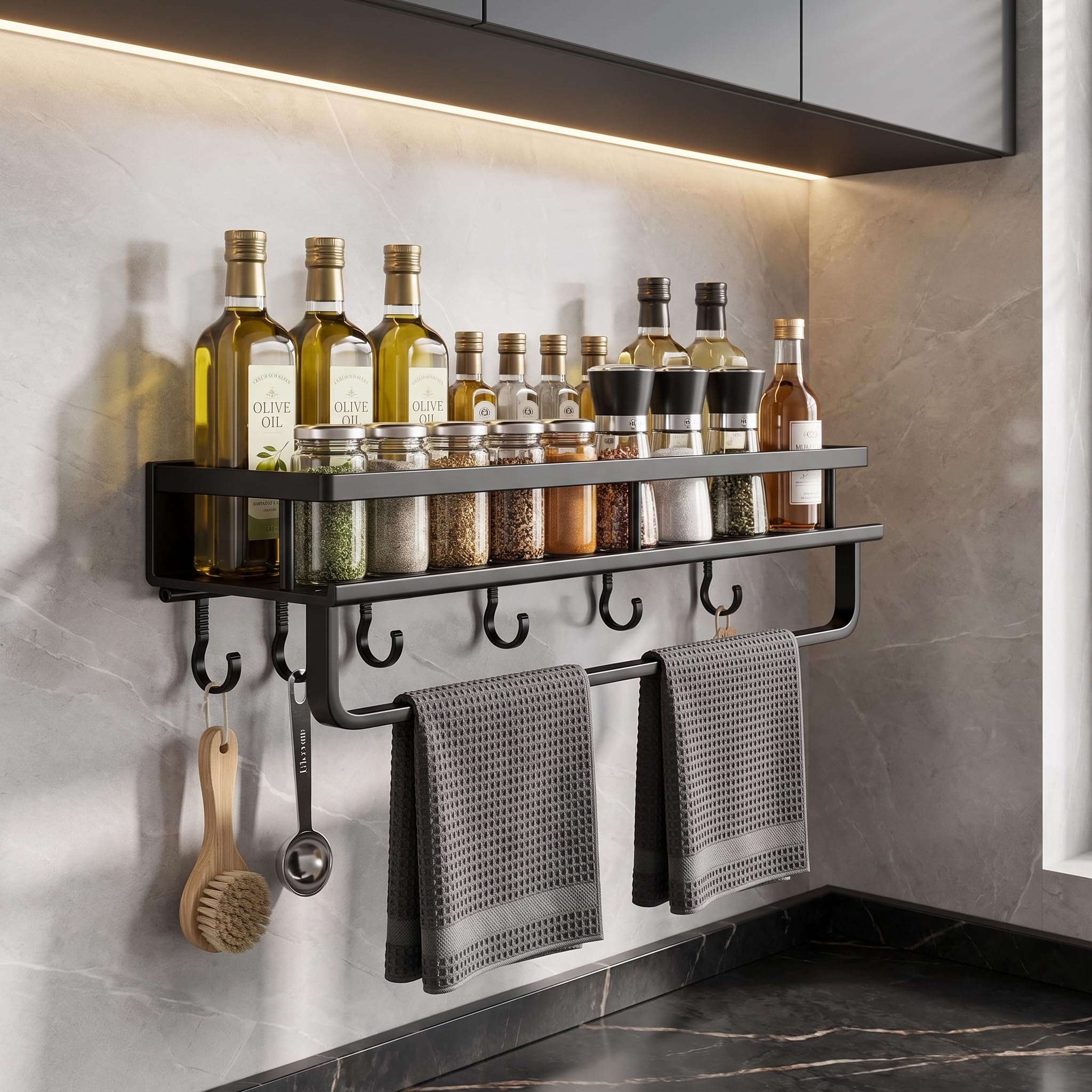 Inart Wall Mounted Kitchen Organizer Rack | Space Aluminium Shelf With Towel Bar & 4 Movable Hooks | Spice, Oil Bottle & Utensil