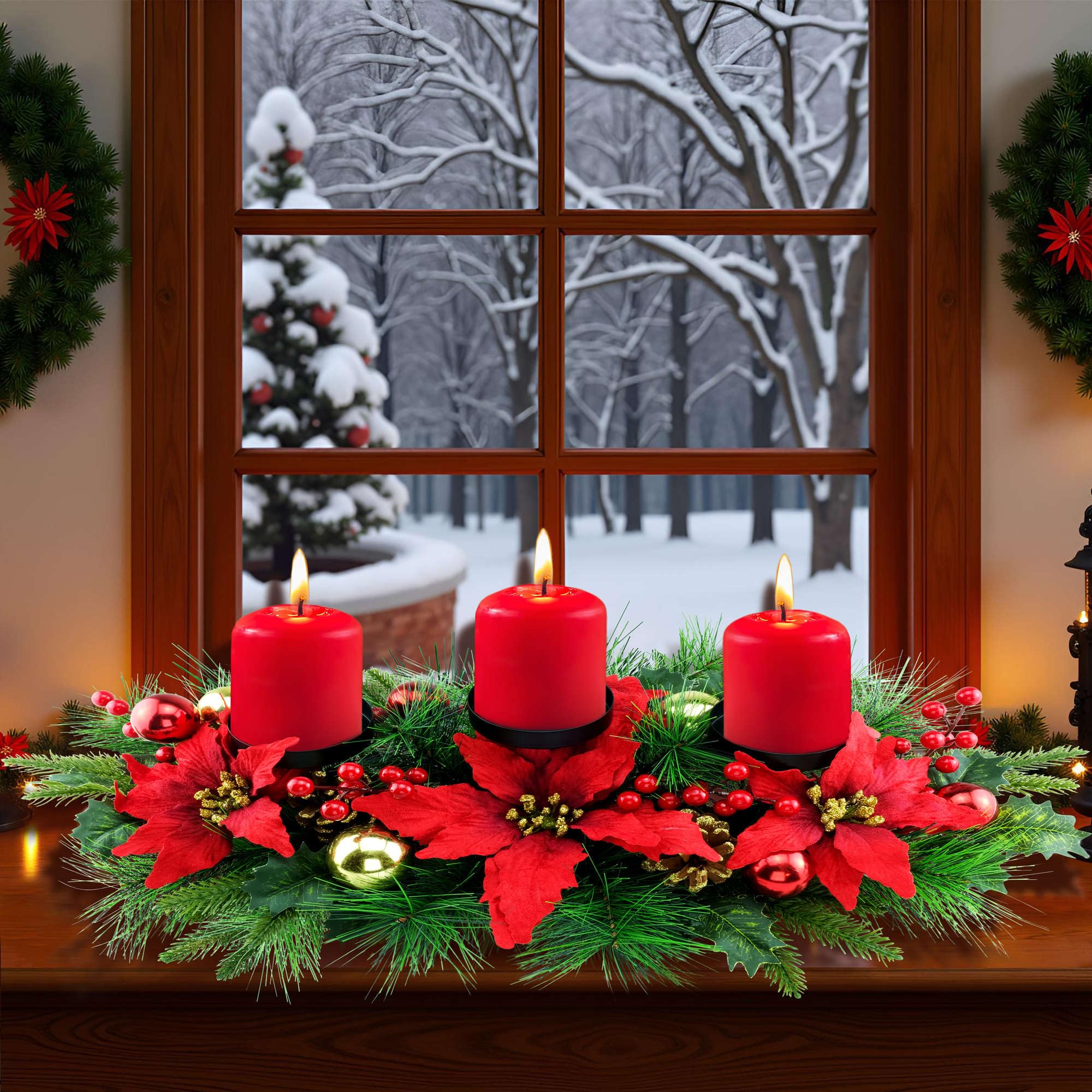 YULETIME 28 Christmas Triple Candelabrum, Holiday Candle Holder with Three Trays, Poinsettia, Red and Gold Baubles, Natural Pine