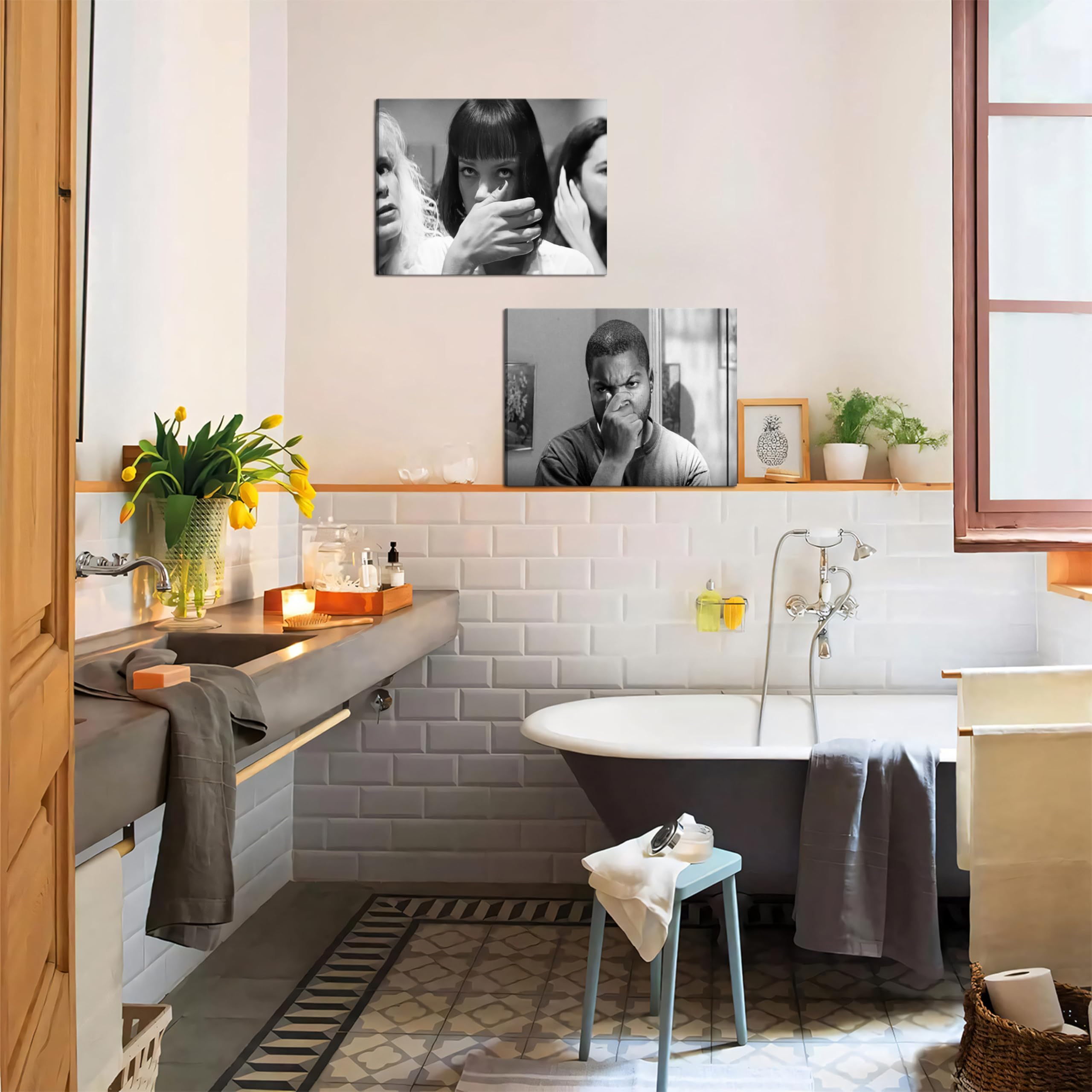 Funny Bathroom Decor Wall Art For Room Aesthetics Set Of 2 - Black And White Wall Art Comedy Movies Posters Scenes Canvas Prints