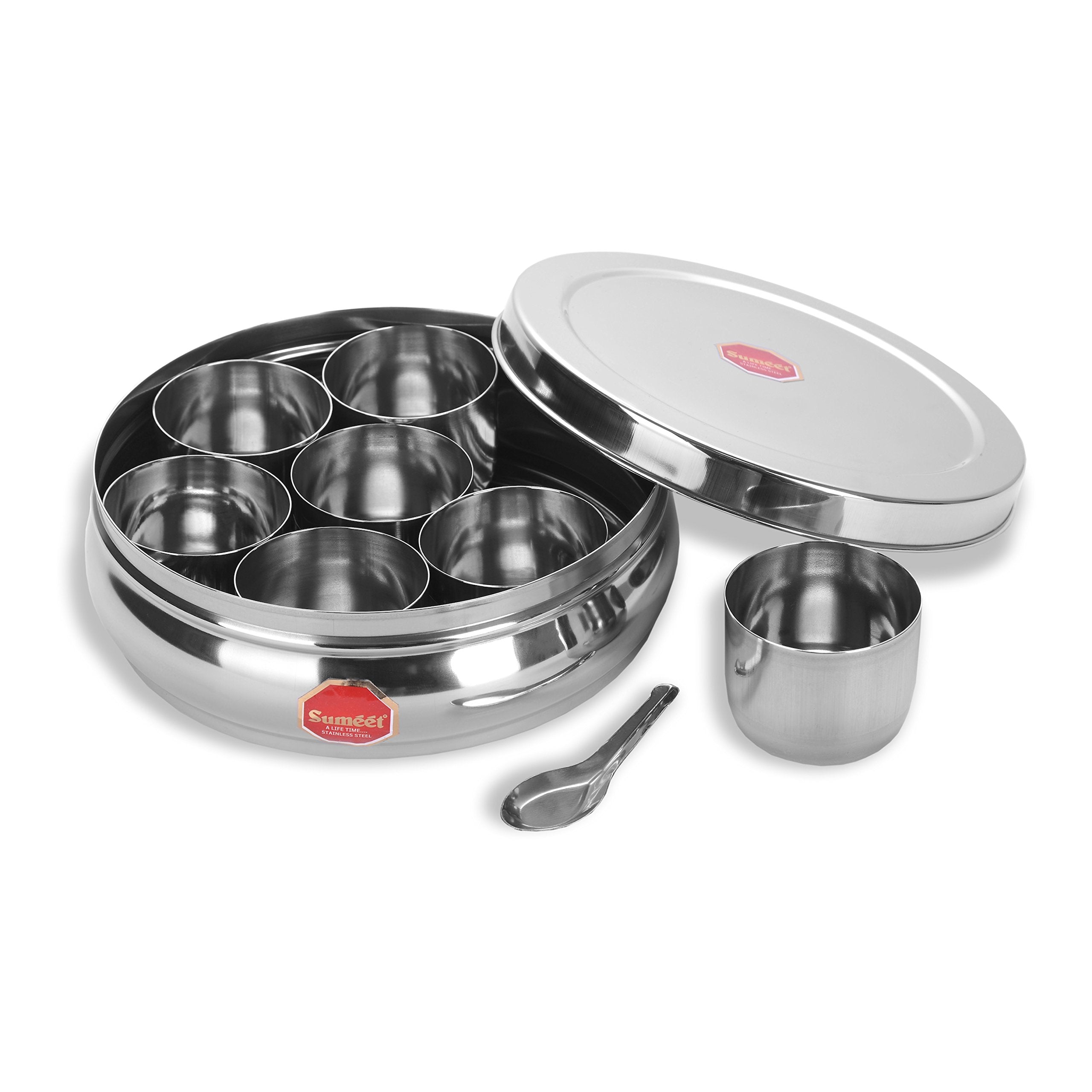 Sumeet Stainless Steel Belly Shape Masala (Spice) Box/Dabba/Organiser With 7 Containers And Small Spoon Size No. 10 (17.1Cm Dia)