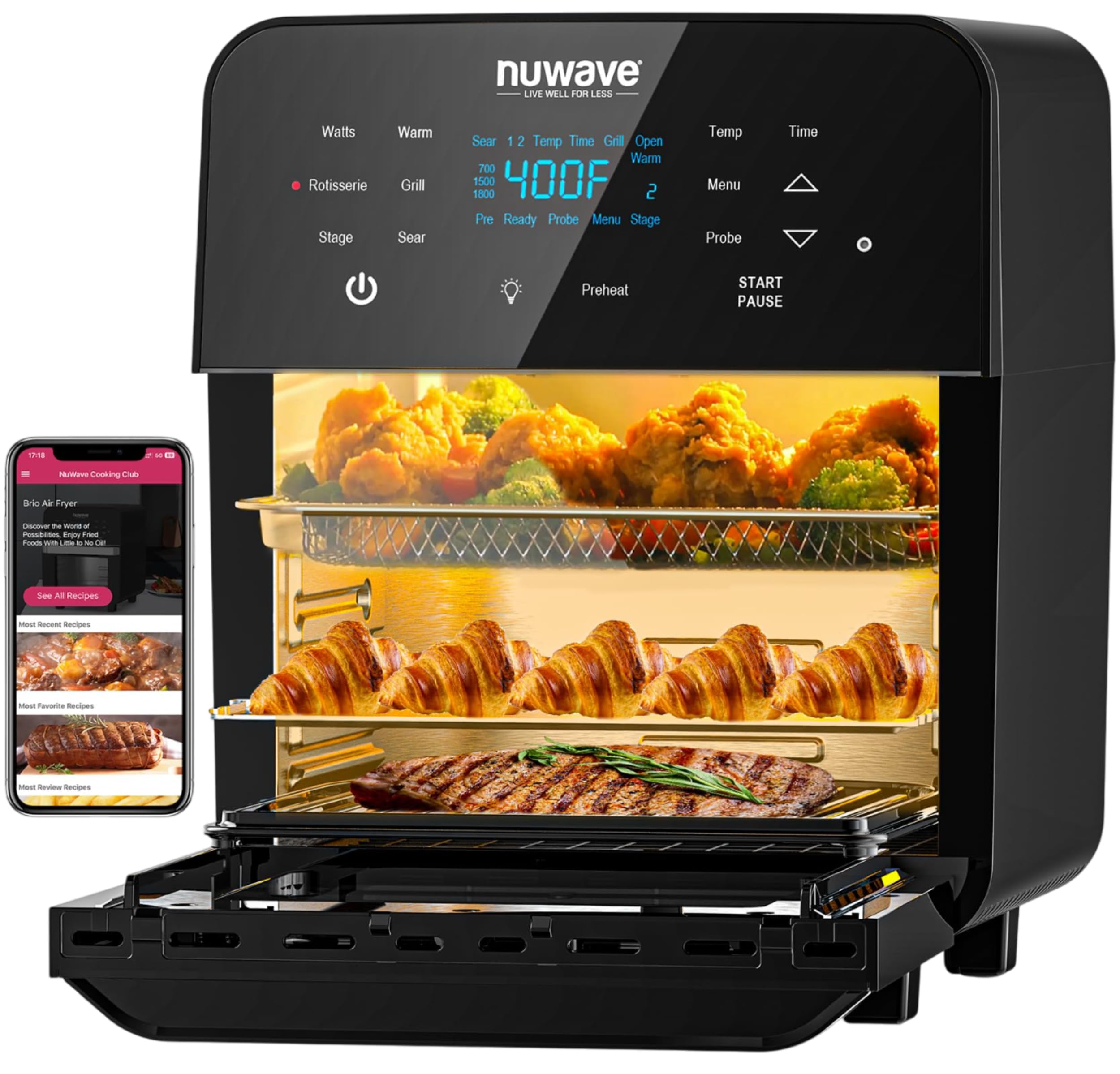 Nuwave Brio 15.5Qt Air Fryer Rotisserie Oven  X-Large Family Size  Powerful 1800W  4 Rack Positions  50-425F Temp Controls  100 Presets & 50 Memory  Integrated Smart Thermometer  Linear T Technology