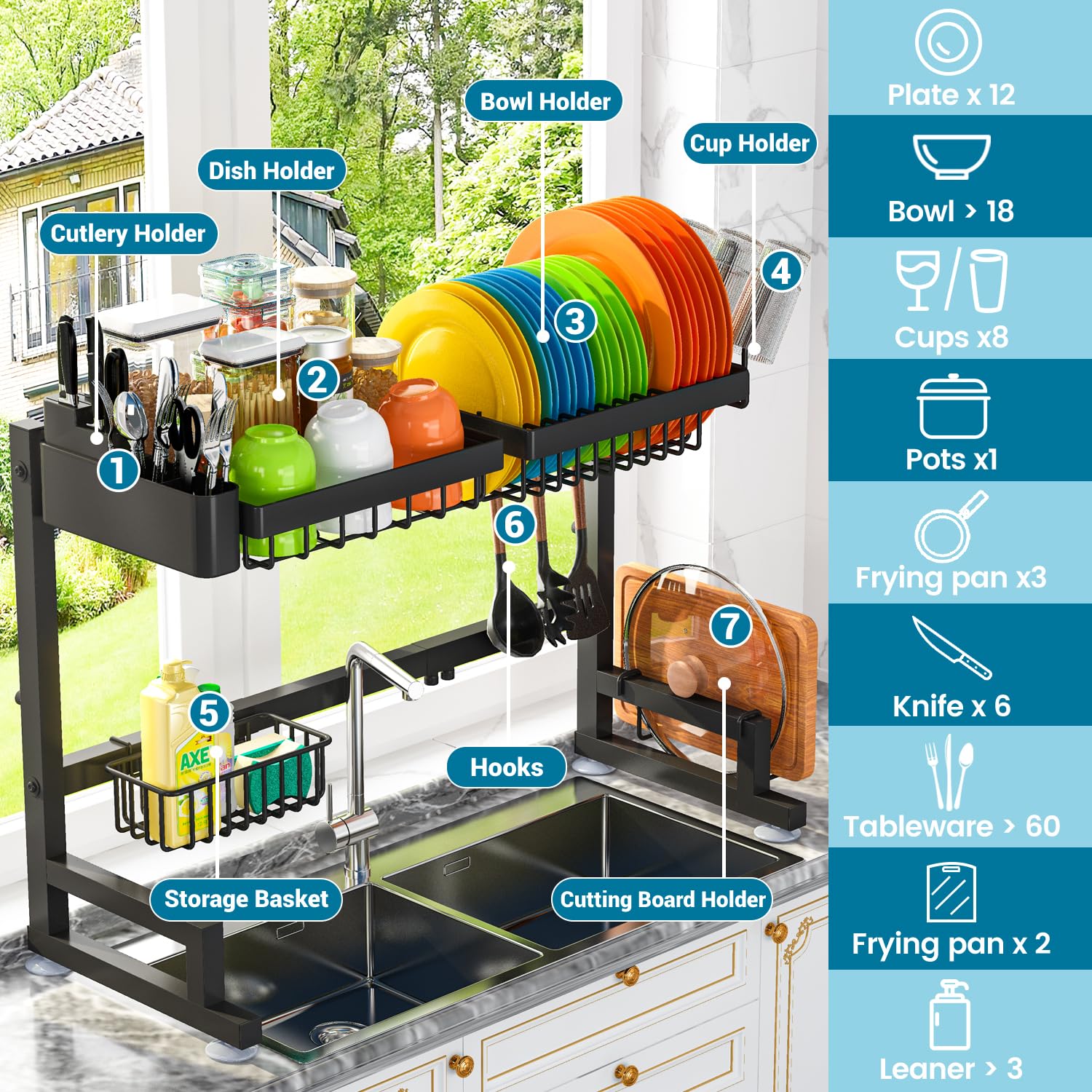Adbiu Fit Sink 24.5''- 35.5'' L Over Sink Dish Drying Rack (Expandable Dimension) Snap-On Design 2 Tier Large Kitchen Dish Rack