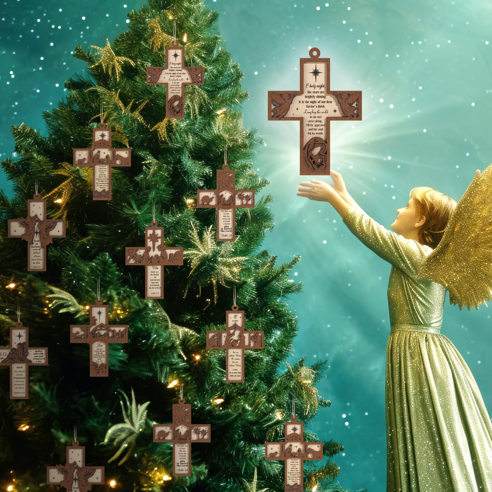 Seeloowy 24 Pcs Christmas Wooden Cross Ornaments for Tree Christian Religious Cross Hanging Ornaments Christian Nativity Scene G
