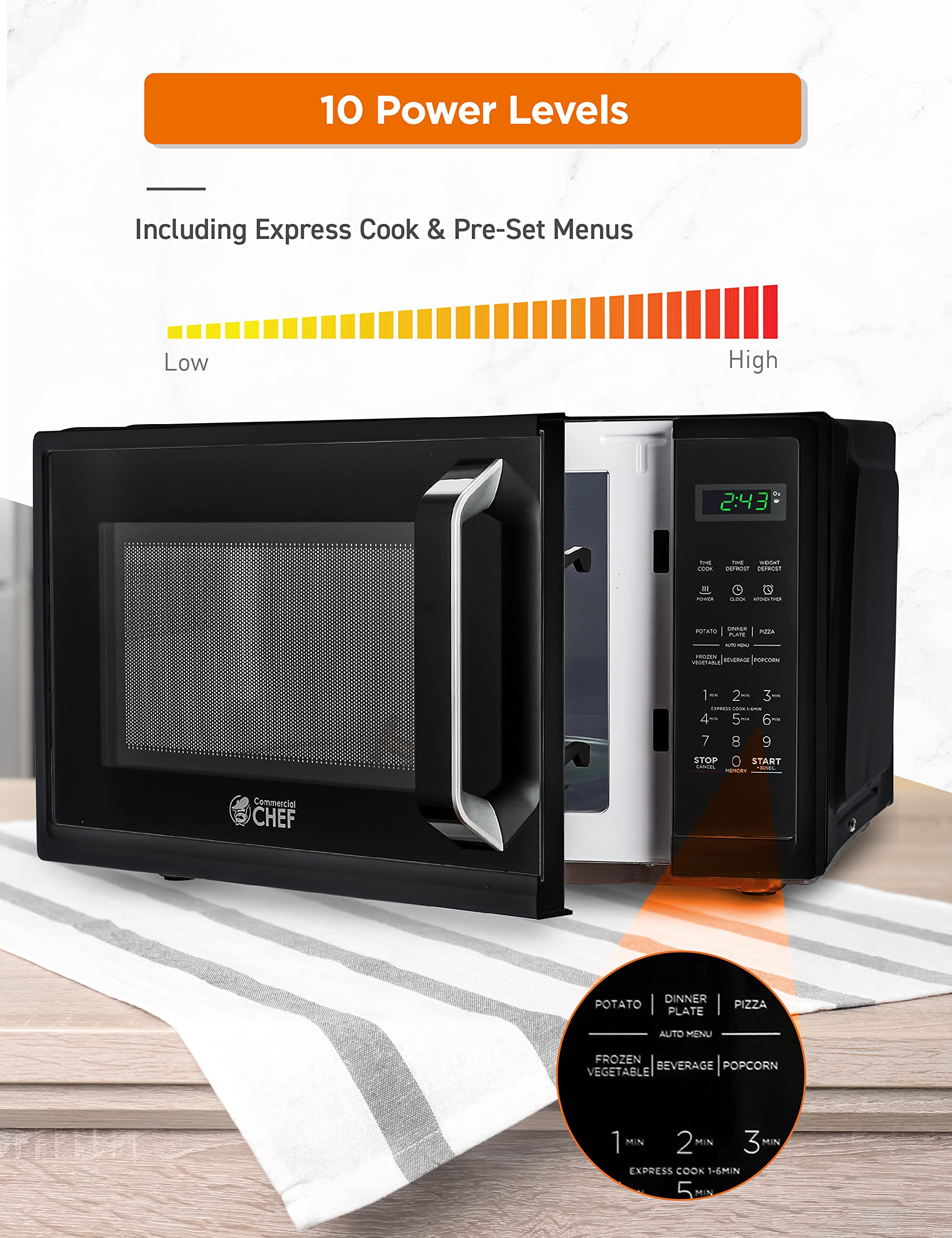 Commercial Chef 0.9 Cubic Foot Microwave With 10 Power Levels, Small Microwave With Grip Handle, 900W Countertop Microwave With