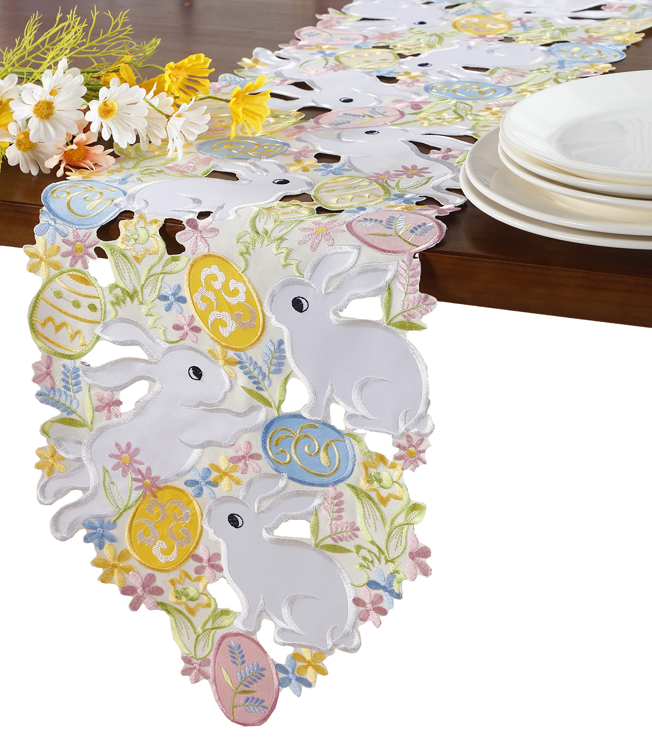Easter Table Runner Spring Bunnys Flowery Table Runner Cutwork Embroidered Floral And Bunnys Dresser Scarf Table Topper Home Kit