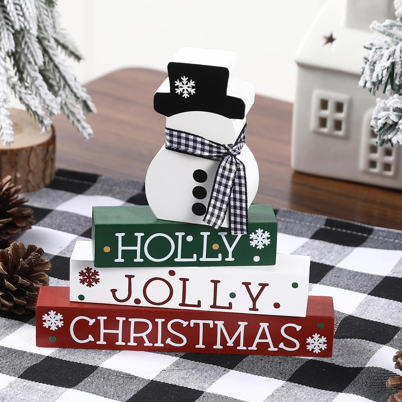 Christmas Decorations-4 PCS Wooden Block Sign-Classic Red White Green Christmas Ornaments for Home Shelf Mantel Fireplace Table