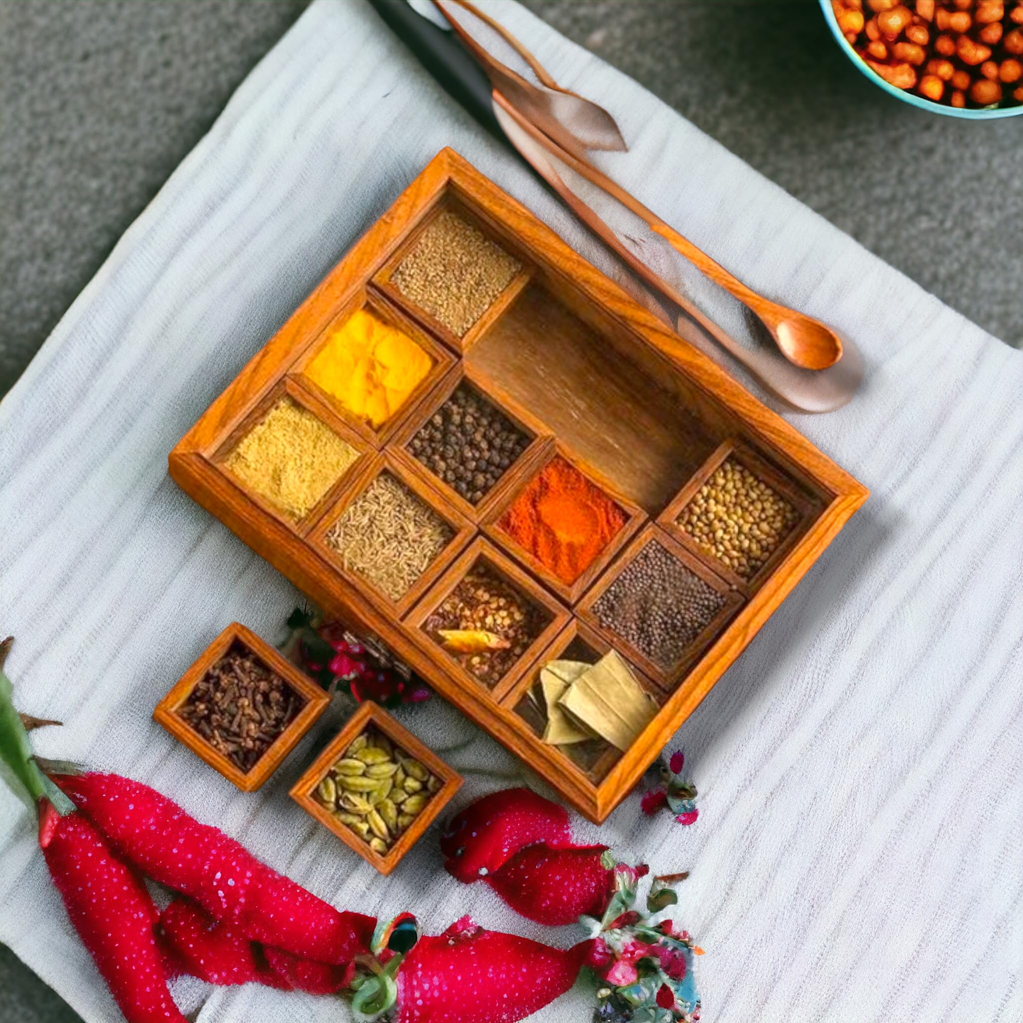 Union Artition Arts Woodenn Spice Box With 12 Containers Spoon In Sheesham Wood Spice Box For Kitchen Masala Dani Namak Daani Da