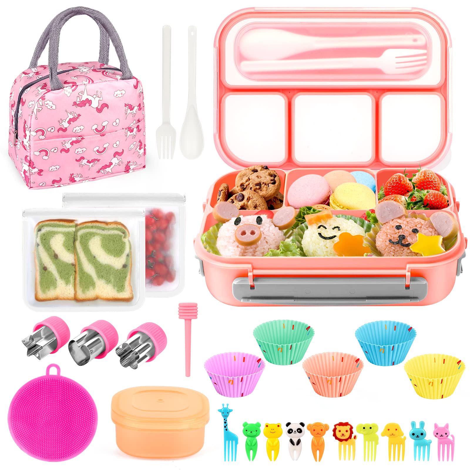 Xianke 27Pcs Bento Box Lunch Box Kit, 1300Ml Lunch Container For Kids/Adults, Leak-Proof Box 4 Compartments With Utensils Spoon