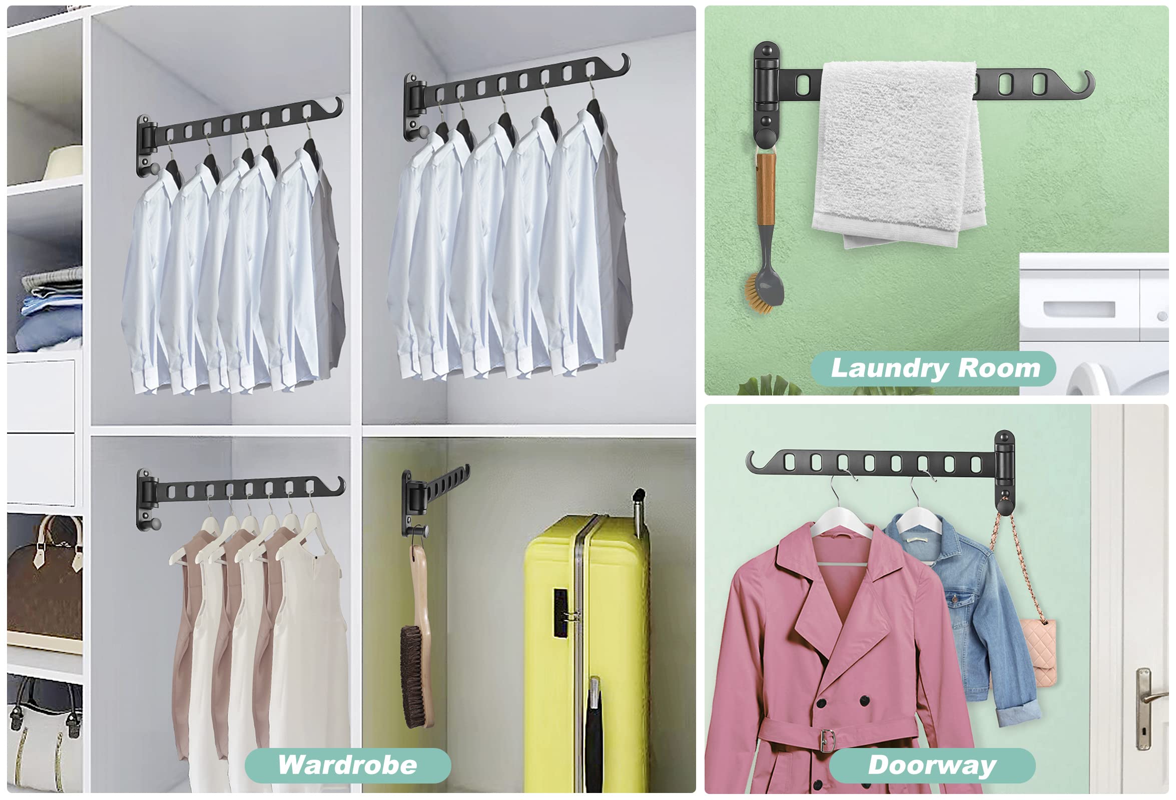 Skiken Swing Arm Clothes Hanger Rack Wall Mount, 8 Holes Hanging Rack, Laundry Room Drying Rack, 180Rotation, Swing Away Hanger
