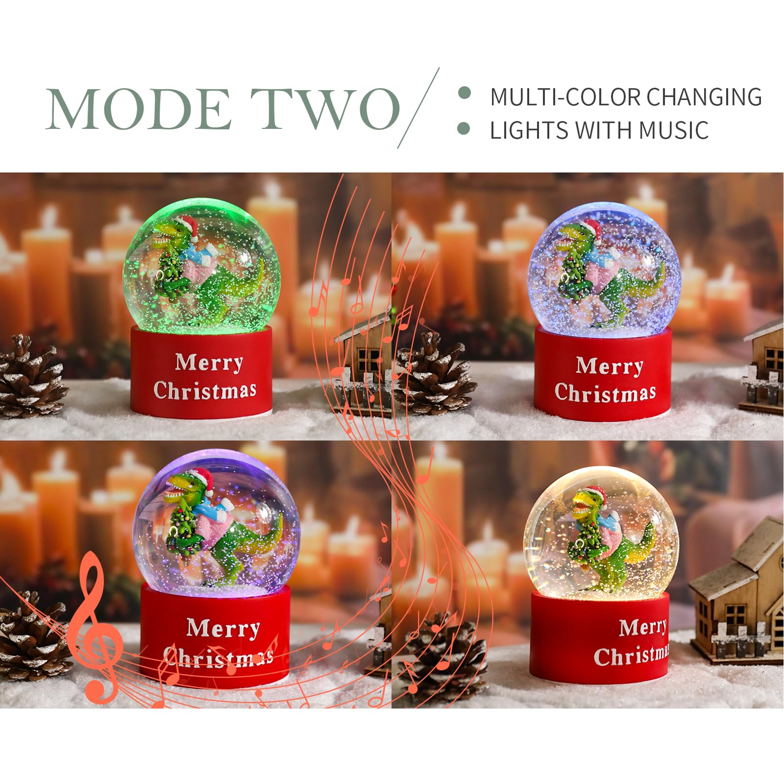 Bdor Christmas Dinosaur Snow Globe with LED Light & Music - 3.94 x 3.94 x 5.31 | 2 Modes: Color Changing Lights with 8 Christmas
